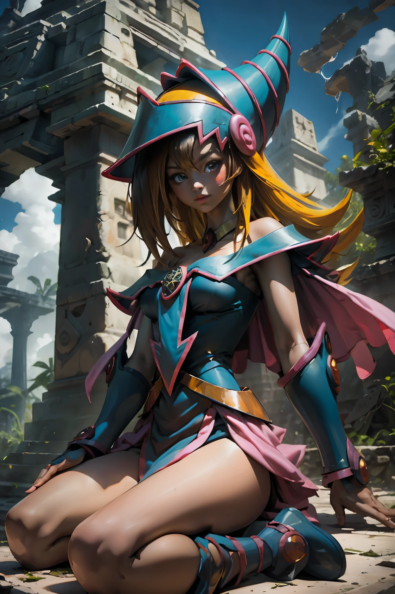Hermosa dark magician gils. ella esta en la jungla maya. En medio de las ruinas mayas de Tikal.