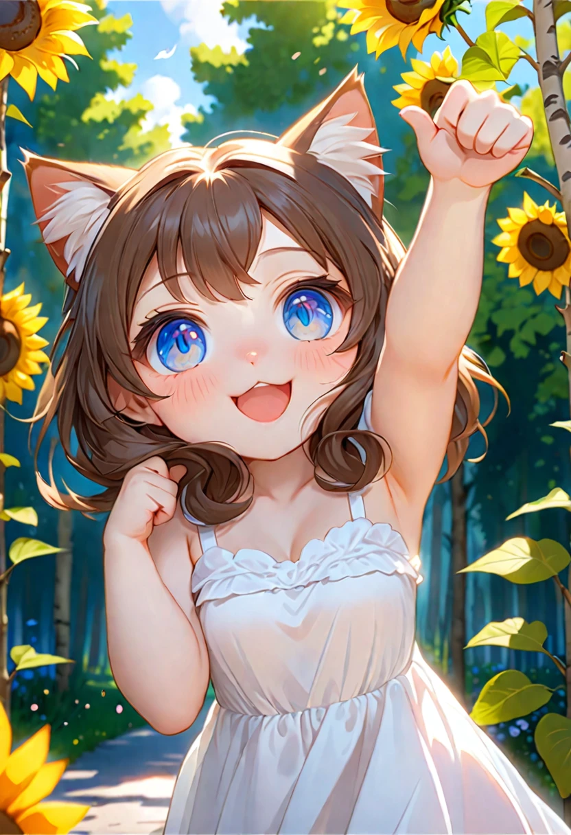 cat girl, chibi, Princess Girl, Brown hair, blue eyes, dress with sunflowers, reaches for the sign, which hangs on a green birch tree, birch tree, Rendering, Anime background art, winner of the pixiv competition, Anime girl with cat ears cute!! chibi!!! cat girl, милый anime cat girl, with index finger, Nekomimi, anime cat girl!, cat girl, chemonomics, run, furry фураффинность, masterpiece, top quality, Best quality, official art, Beautiful and aesthetically pleasing:1.2), 2D, (Best quality, masterpiece), anime, (very detailed face), (very detailed eyes), White background, Ideal lighting, Girl in a dress