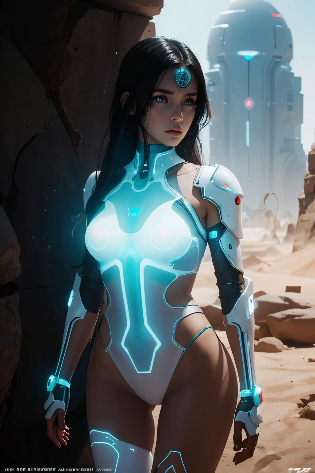 A GIRL IN THE DESERT WEARING A TRANSPARENT FUTURISTIC COSTUME, high technology, futuristic, cyberpunk, android, technology, perfect, white glowing eye, illustration, design, cinematic lighting, 8 k, highly detailed, octane render, unreal engine, artstation pinterest, deviantart, artstation, behance, trending