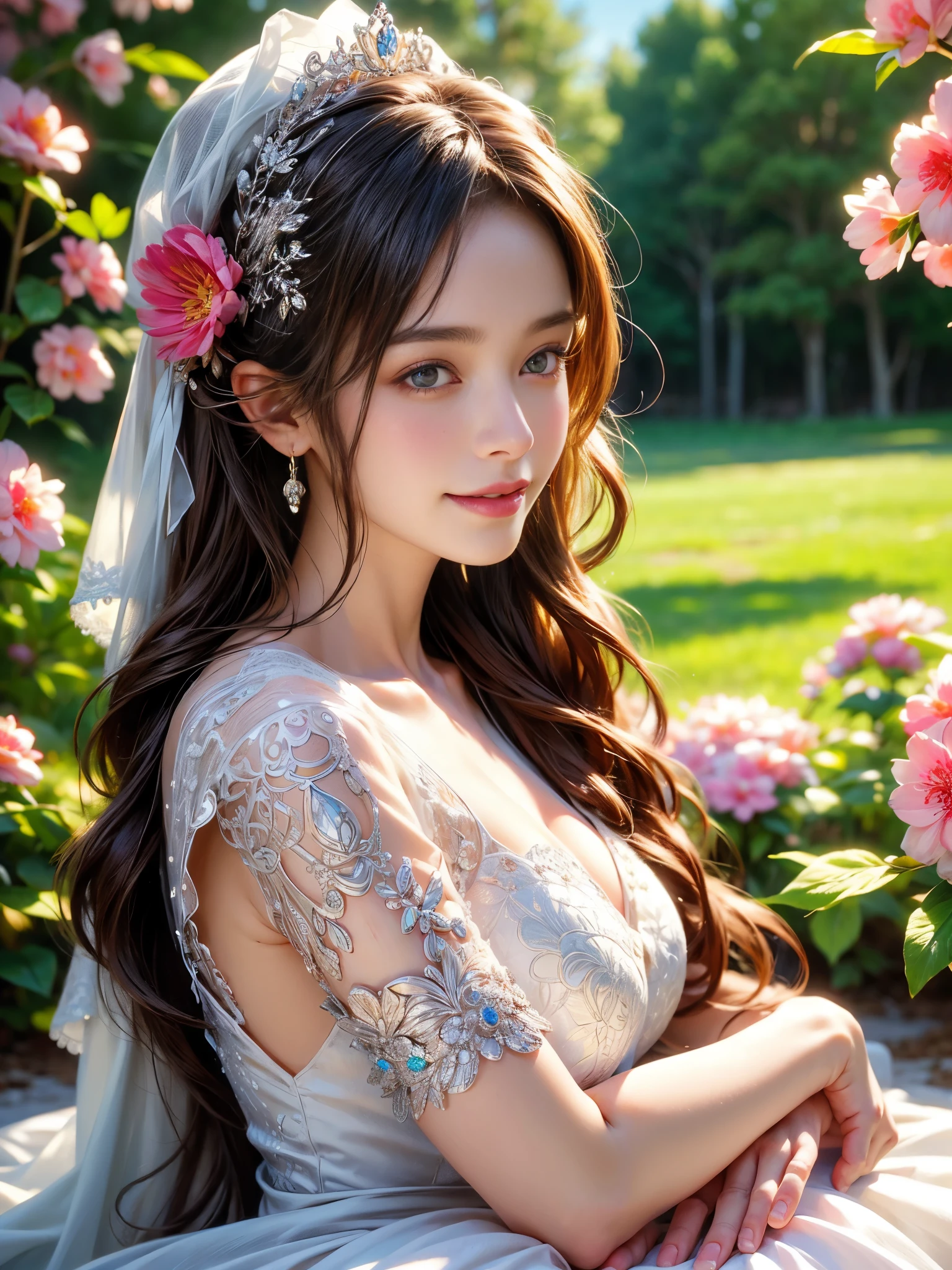 The best quality, high resolution, ultra-detailed, realistic:1.37, high dynamic range, ultra-fine painting, sharp focus, physically-based rendering, professional, vivid colors, bokeh, portraits, landscape, flowers, a girl in a garden, smiling girl, white dress, beautiful detailed eyes, beautiful detailed lips, beautiful detailed skin, girl under warm sunlight, glowing skin, colorful flowers, soft skin.