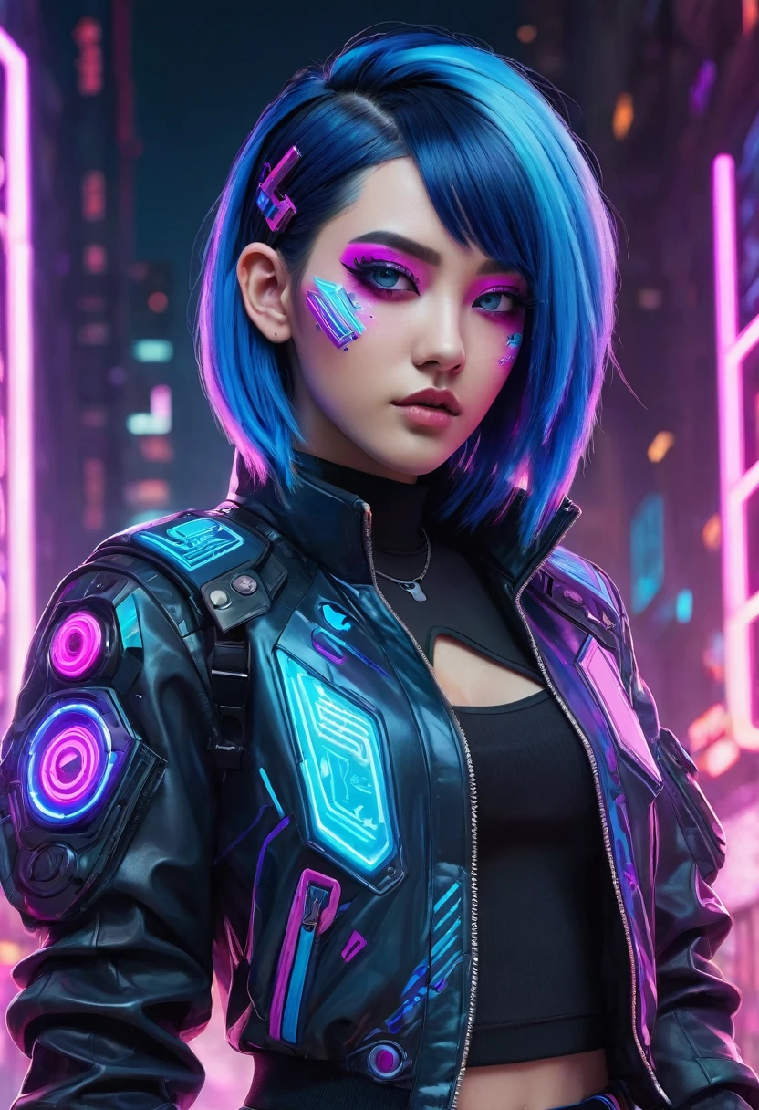 The image depicts a stylized character with a futuristic and cyberpunk aesthetic. The character has vibrant blue hair with purple highlights, and their eyes are accentuated with blue and pink makeup, giving them a cybernetic appearance. They are wearing a black jacket with pink and blue accents, and there are various patches and designs on the sleeves, including what appears to be a circuit-like pattern. The background suggests a neon-lit urban environment, which is typical of the cyberpunk genre. The overall look is edgy and fashionable, with a strong emphasis on technology and modern, high-tech fashion.