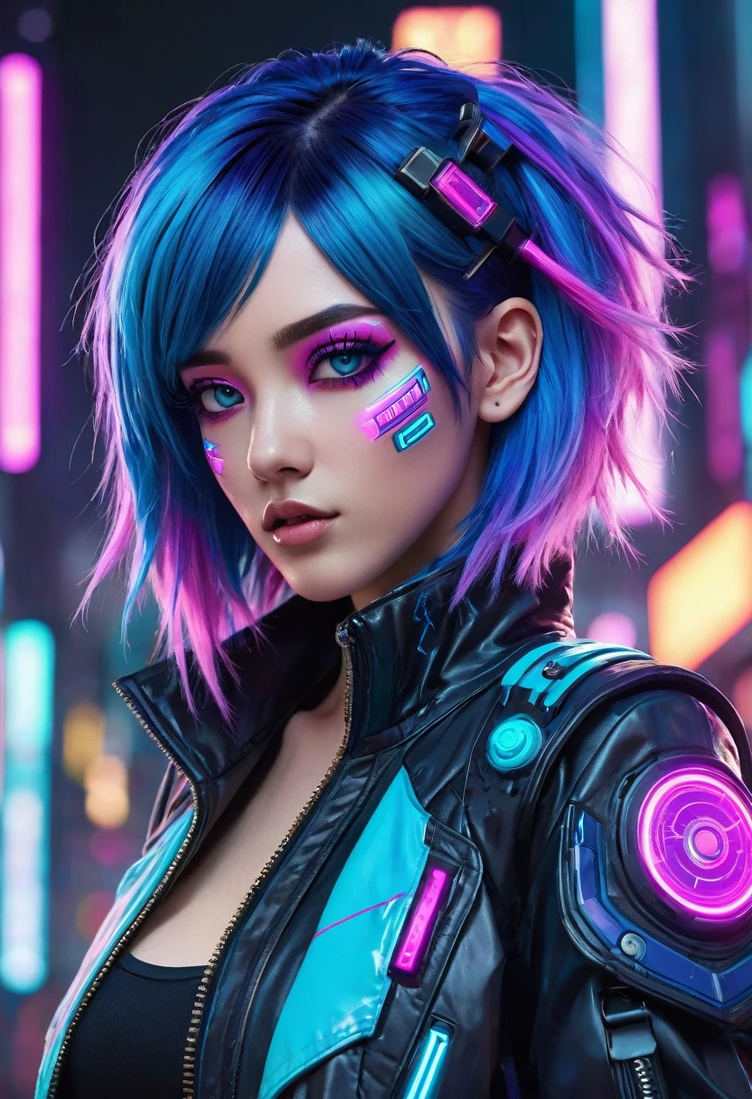 The image depicts a stylized character with a futuristic and cyberpunk aesthetic. The character has vibrant blue hair with purple highlights, and their eyes are accentuated with blue and pink makeup, giving them a cybernetic appearance. They are wearing a black jacket with pink and blue accents, and there are various patches and designs on the sleeves, including what appears to be a circuit-like pattern. The background suggests a neon-lit urban environment, which is typical of the cyberpunk genre. The overall look is edgy and fashionable, with a strong emphasis on technology and modern, high-tech fashion.