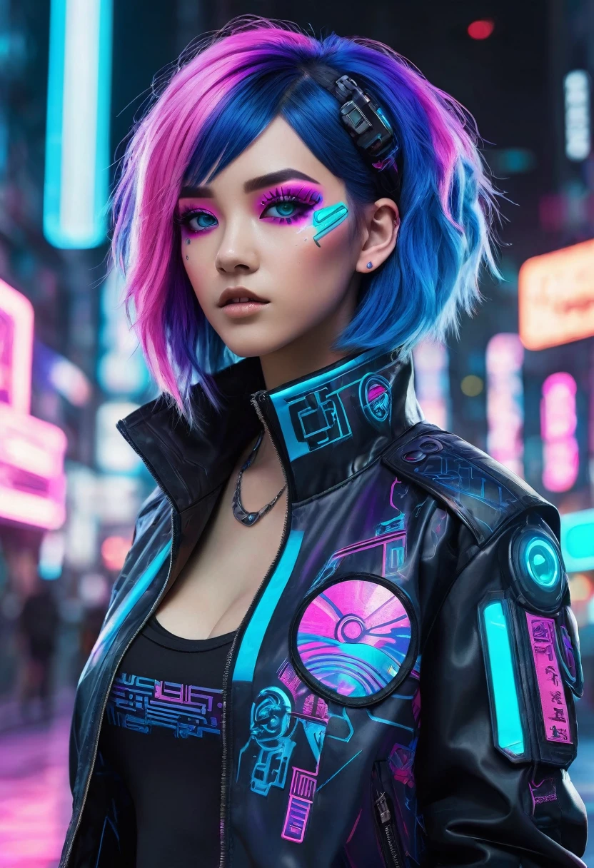 The image depicts a stylized character with a futuristic and cyberpunk aesthetic. The character has vibrant blue hair with purple highlights, and their eyes are accentuated with blue and pink makeup, giving them a cybernetic appearance. They are wearing a black jacket with pink and blue accents, and there are various patches and designs on the sleeves, including what appears to be a circuit-like pattern. The background suggests a neon-lit urban environment, which is typical of the cyberpunk genre. The overall look is edgy and fashionable, with a strong emphasis on technology and modern, high-tech fashion.