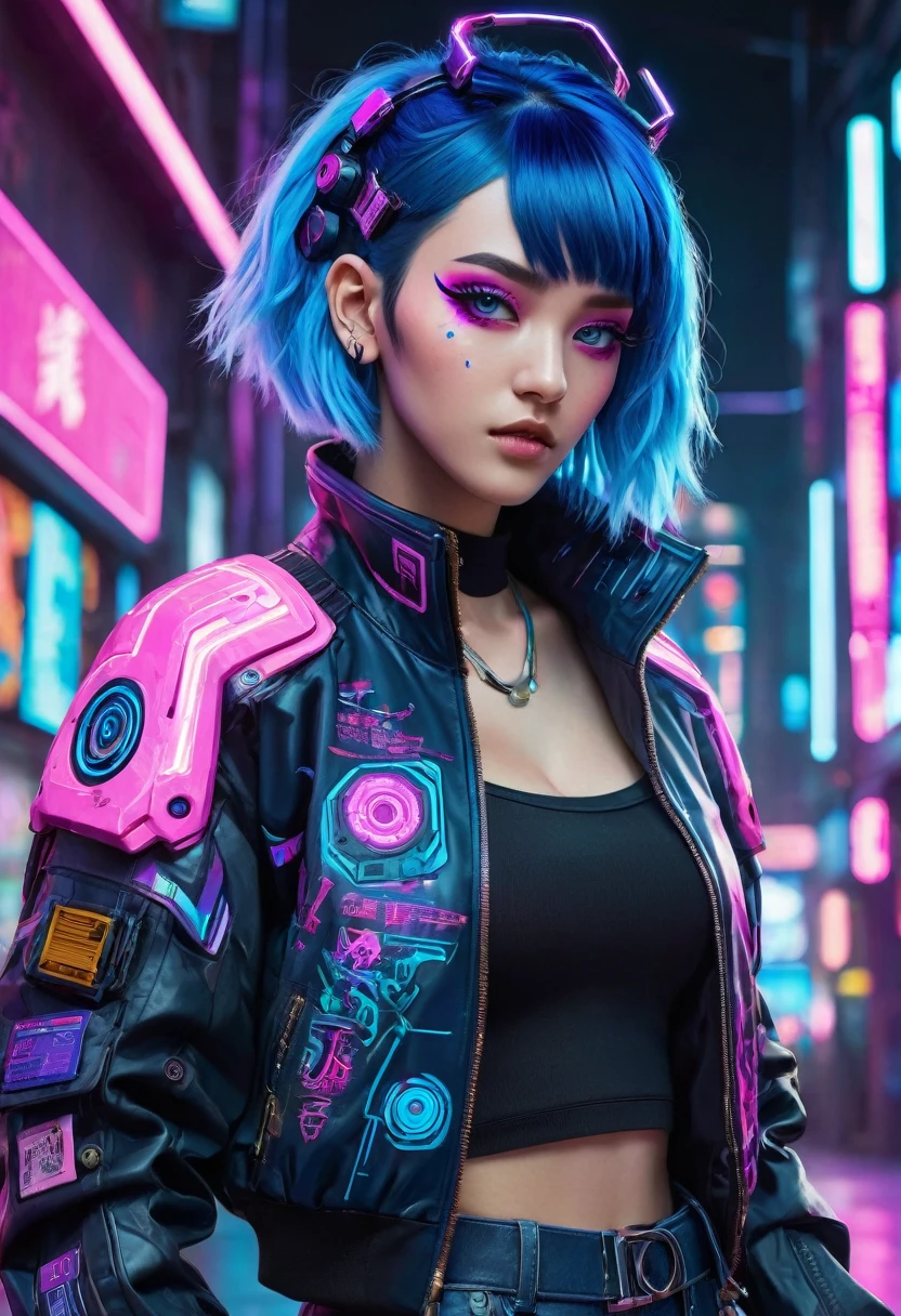 The image depicts a stylized character with a futuristic and cyberpunk aesthetic. The character has vibrant blue hair with purple highlights, and their eyes are accentuated with blue and pink makeup, giving them a cybernetic appearance. They are wearing a black jacket with pink and blue accents, and there are various patches and designs on the sleeves, including what appears to be a circuit-like pattern. The background suggests a neon-lit urban environment, which is typical of the cyberpunk genre. The overall look is edgy and fashionable, with a strong emphasis on technology and modern, high-tech fashion.