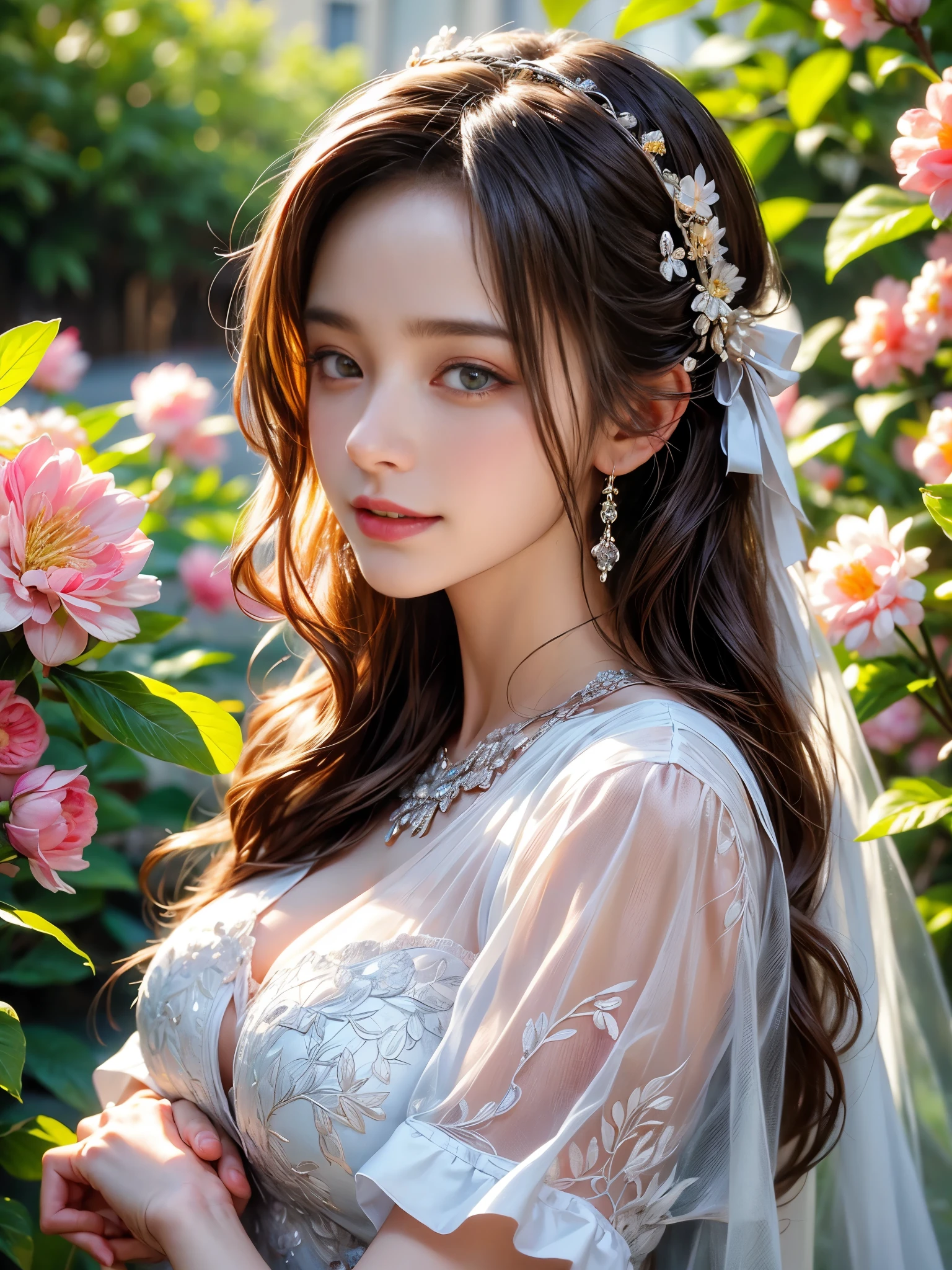 The best quality, high resolution, ultra-detailed, realistic:1.37, high dynamic range, ultra-fine painting, sharp focus, physically-based rendering, professional, vivid colors, bokeh, portraits, landscape, flowers, a girl in a garden, smiling girl, white dress, beautiful detailed eyes, beautiful detailed lips, beautiful detailed skin, girl under warm sunlight, glowing skin, colorful flowers, soft skin.