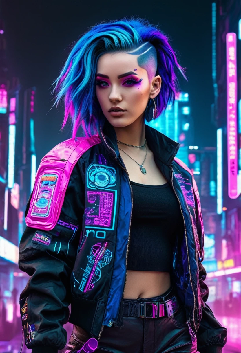 The image depicts a stylized character with a futuristic and cyberpunk aesthetic. The character has vibrant blue hair with purple highlights, and their eyes are accentuated with blue and pink makeup, giving them a cybernetic appearance. They are wearing a black jacket with pink and blue accents, and there are various patches and designs on the sleeves, including what appears to be a circuit-like pattern. The background suggests a neon-lit urban environment, which is typical of the cyberpunk genre. The overall look is edgy and fashionable, with a strong emphasis on technology and modern, high-tech fashion.