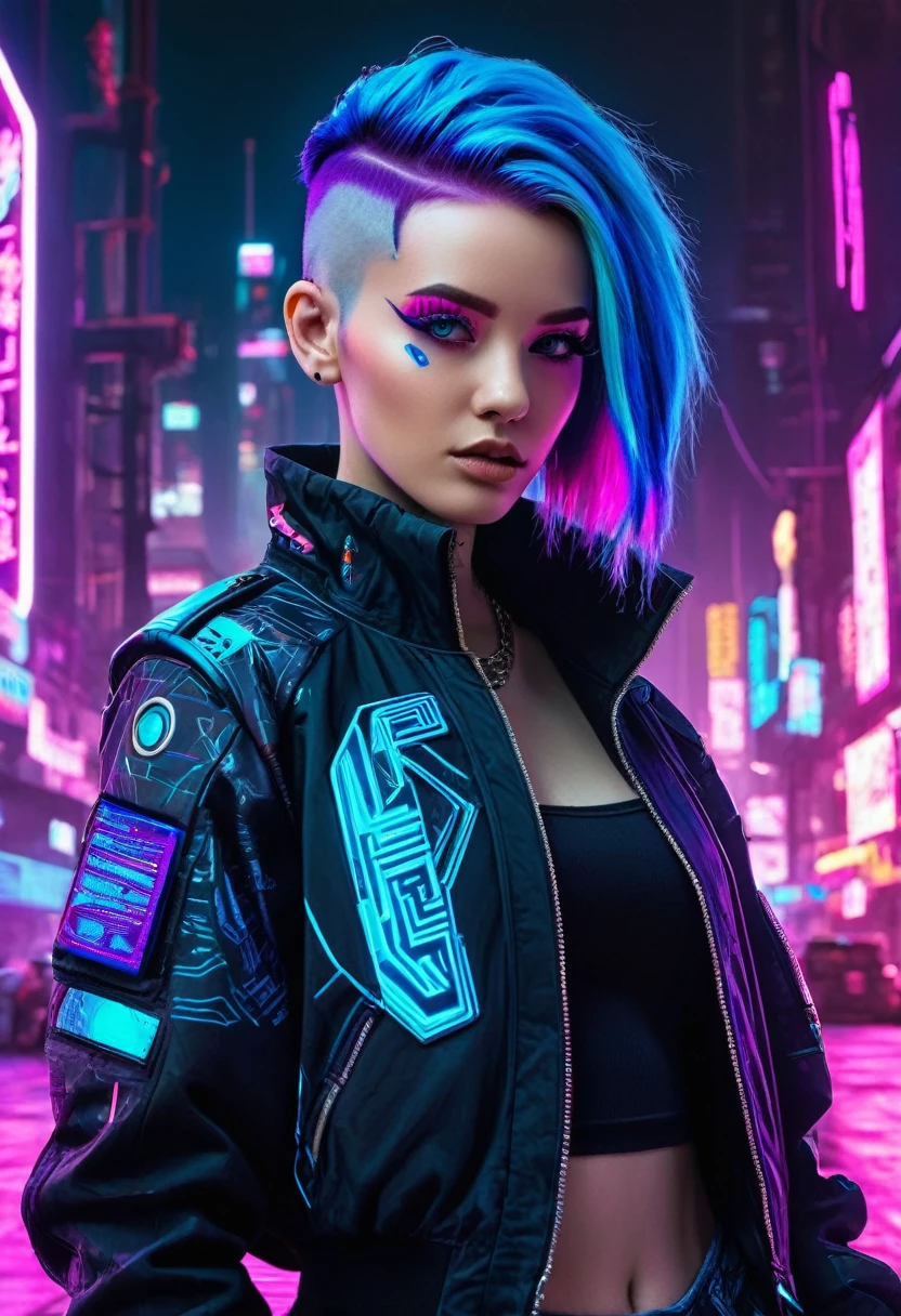 The image depicts a stylized character with a futuristic and cyberpunk aesthetic. The character has vibrant blue hair with purple highlights, and their eyes are accentuated with blue and pink makeup, giving them a cybernetic appearance. They are wearing a black jacket with pink and blue accents, and there are various patches and designs on the sleeves, including what appears to be a circuit-like pattern. The background suggests a neon-lit urban environment, which is typical of the cyberpunk genre. The overall look is edgy and fashionable, with a strong emphasis on technology and modern, high-tech fashion.