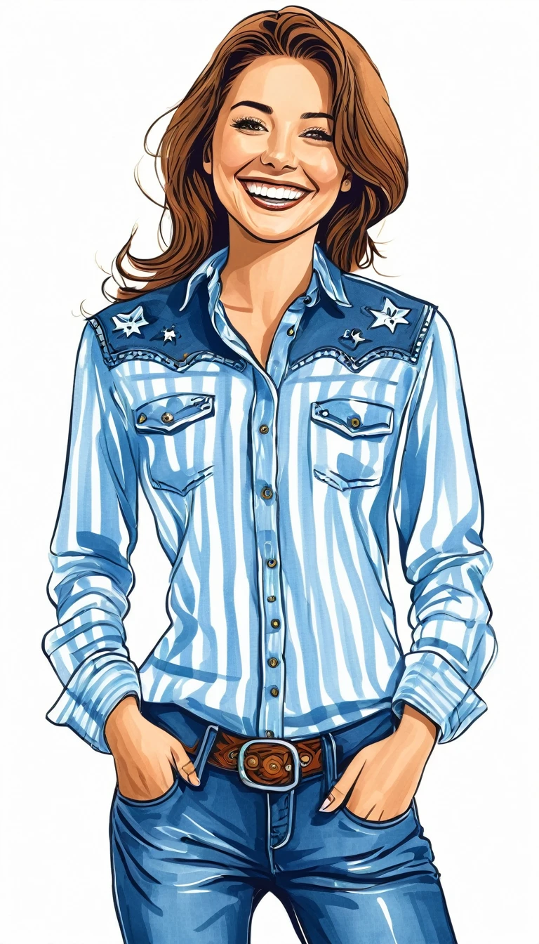 crea una mujer sonriendo vestida con vaquero y camisa de cuello alto estilo ilustracion