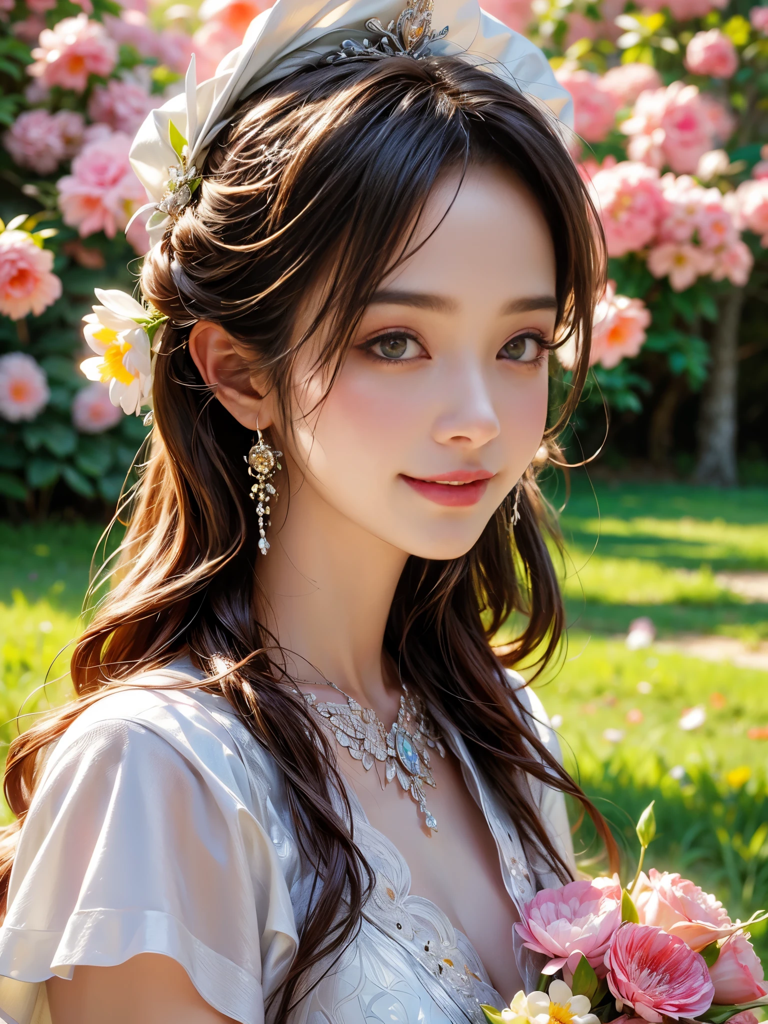 The best quality, high resolution, ultra-detailed, realistic:1.37, high dynamic range, ultra-fine painting, sharp focus, physically-based rendering, professional, vivid colors, bokeh, portraits, landscape, flowers, a girl in a garden, smiling girl, white dress, beautiful detailed eyes, beautiful detailed lips, beautiful detailed skin, girl under warm sunlight, glowing skin, colorful flowers, soft skin.
