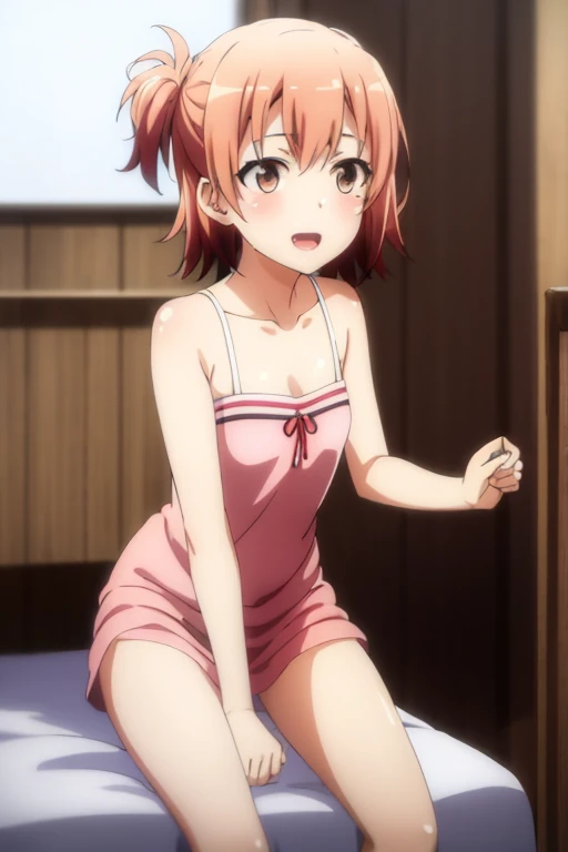 ((highest quality)), ((masterpiece)), (be familiar with), Perfect Face, indoor, Bedroom, Watching the audience,
One woman, Yuigahama Yui,
Open Mouth, Ecstatic expression, blush, smile,
Small breasts, Flat Chest, Young Girl, , , Girl,
Short Hair, Salmon-colored hair, Salmon-colored eyes, Side Pony,
Leg spread,