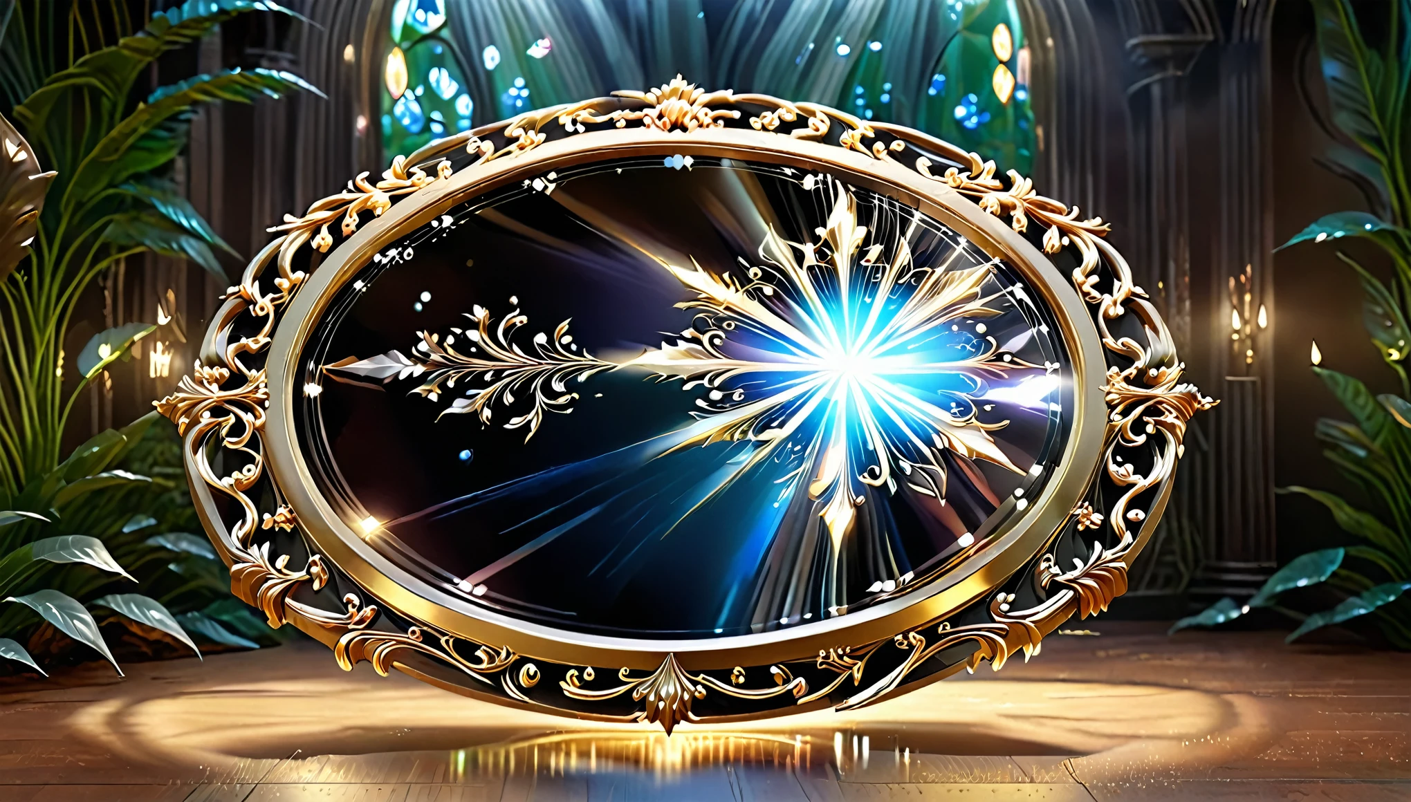 mirror in a round thin gold frame, magical interior, magic light, very detailed, filigree, realistically, 8K