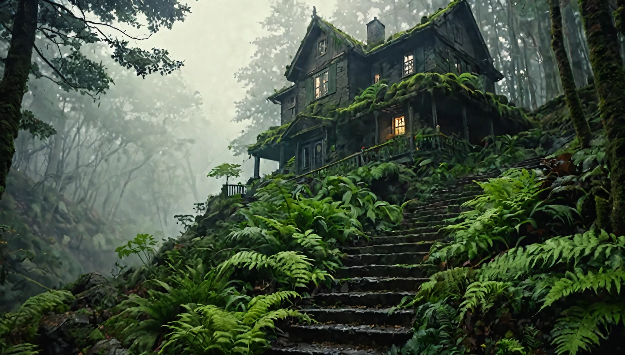 masterpiece, photorealistic, ultrarealistic, cinematic film still, Climb the stairs to the mystical cottage that sprouted on a rock. It sits in the forest, Atmospheric. Moody. Dark. Eerie. Misty. Mossy. Ferns. Surreal Harmony