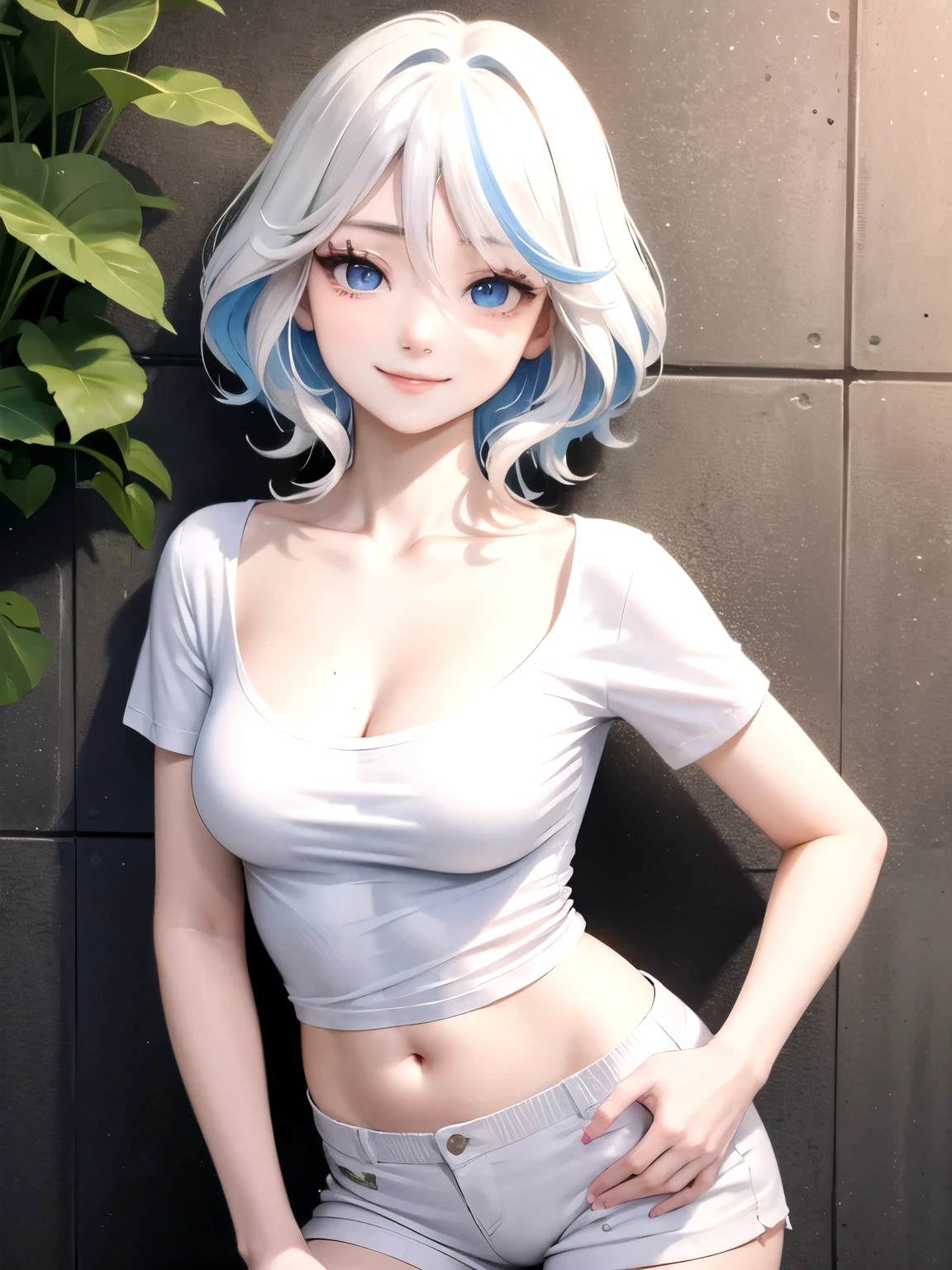 ((best quality)), ((masterpiece)), (detailed), perfect face. Asian girl. Smile. White hair. Blank T-shirt. Small breast. Short pants.