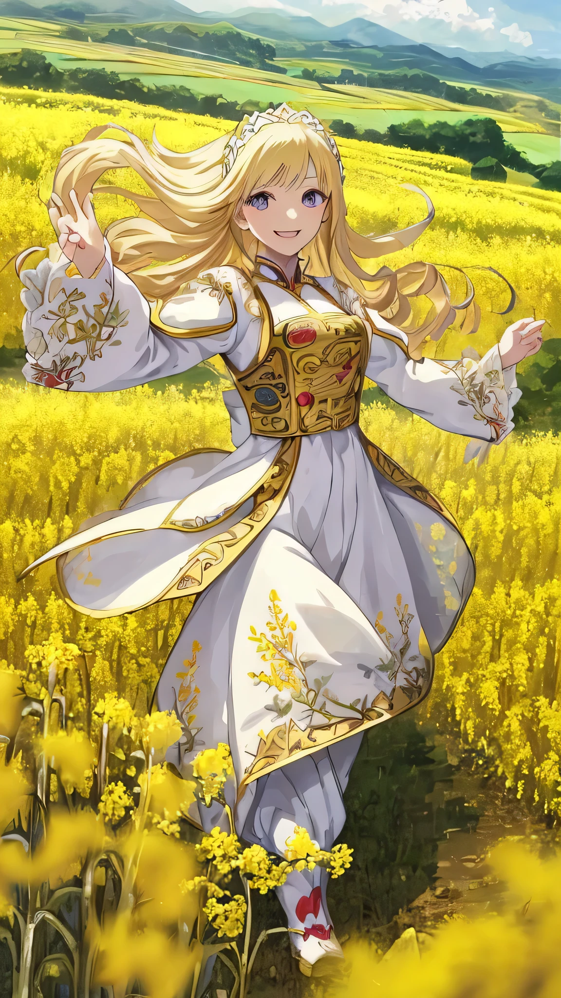 highest quality、European national costume、Anime style white woman、Blonde Hair、The clothes are embroidered、smile、Happy expression、Daytime、Rural landscape、In the rapeseed field、