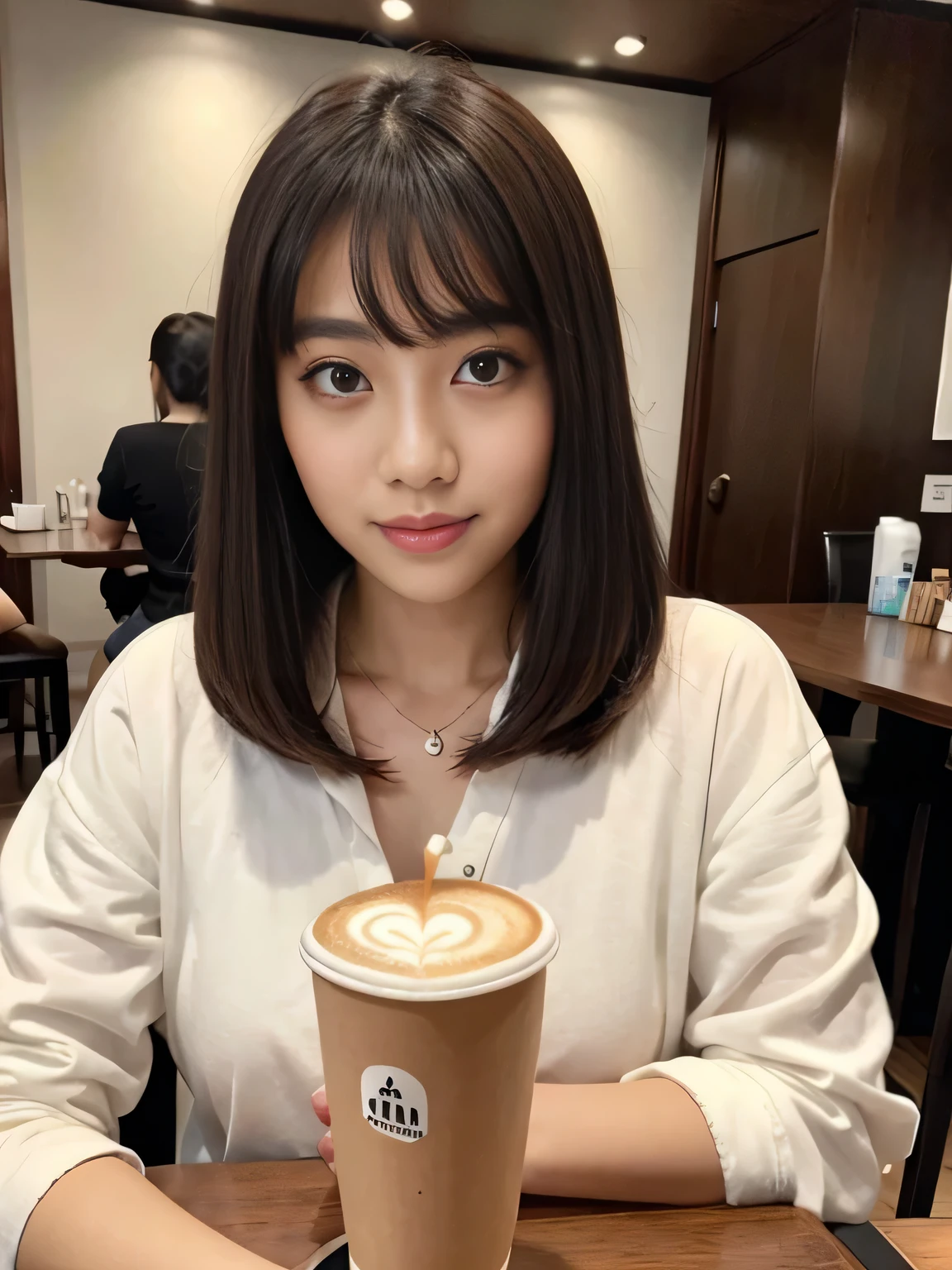 masterpiece、Realistic Beautiful Woman、Drink coffee、bangs、double eyelid、