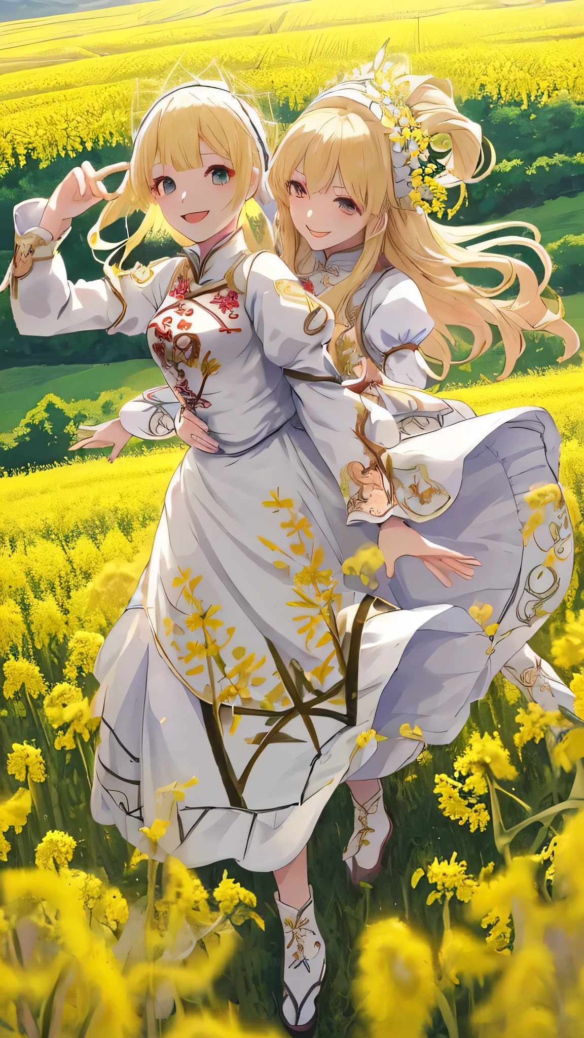 highest quality、European national costume、Anime style white woman、Blonde Hair、The clothes are embroidered、smile、Happy expression、Daytime、Rural landscape、In the rapeseed field、