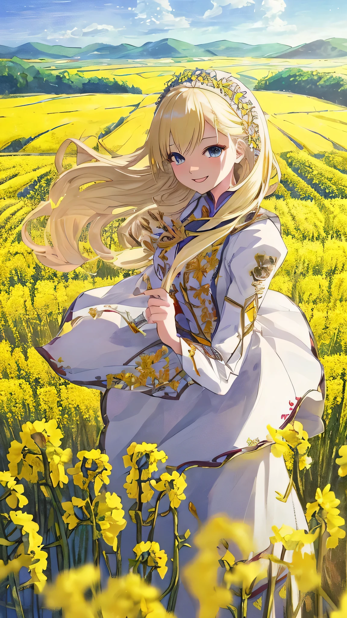 highest quality、European national costume、Anime style white woman、Blonde Hair、The clothes are embroidered、smile、Happy expression、Daytime、Rural landscape、In the rapeseed field、