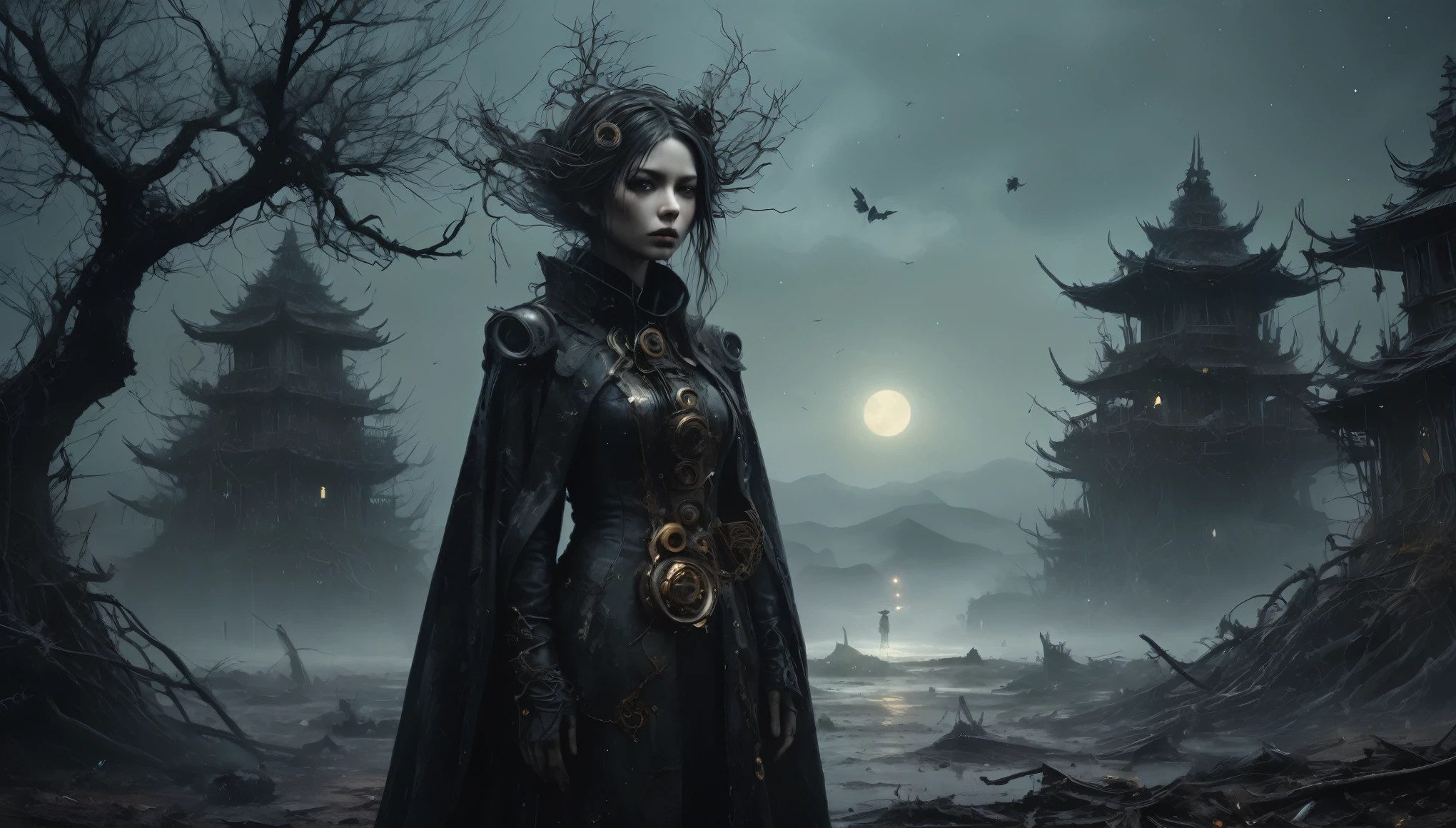 steampunk dark horror fantasy, young graphite witch made of dead plants , radioactive atmosphere,black and charcoal color abandoned mechanical clockwork Spaceship, ominous landscapes,large number of stars fly towards the viewer,radioactive world,ruined theme,lots of toxic dust,amazon,full body length,once pretty face,full body length, eerie atmosphere, ethereal presence,  toxic mists, supernatural entities, sinister aura, dark and twisted branches, macabre elements, otherworldly beauty, ethereal glow, eerie and ominous lighting，Complicated detail,captivating creation,After tsunami,like Stone Forest in Yunnan Province of China,Simon Stalenhag,Nicola Samori,Wangechi Mutu,intricate details,extremely detailed,masterpiece,intricate details,eyes extremely detailed, high detailed eyes,32k resolution, Nikon Z9