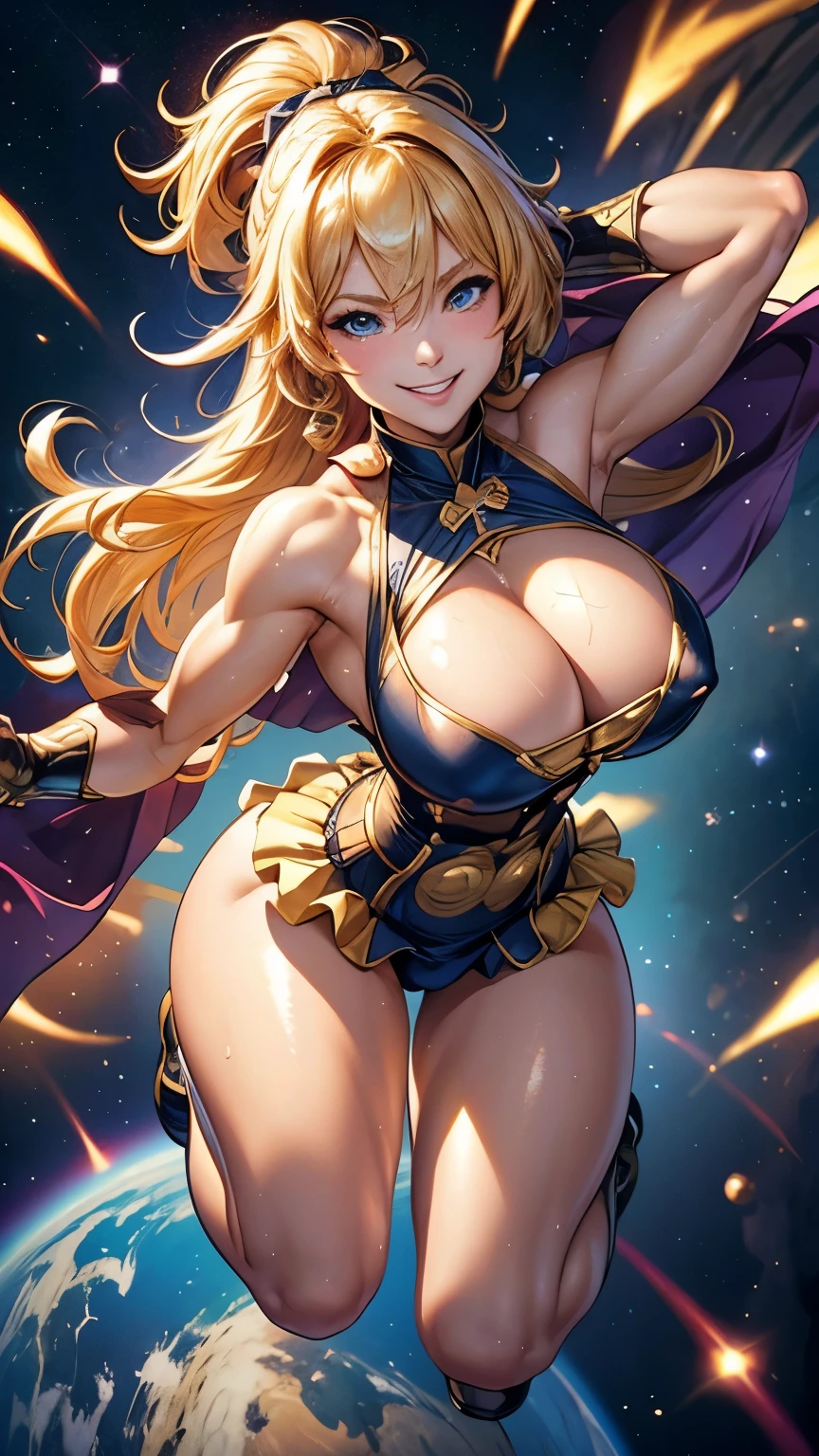 Digital Painting, Superhero, Muscle Girl in bodysuit, Korean idol face, blonde long hair in wind, smiling young girl, pose, fist up, Raise your arms, ((From above)), 1 ((Raise your knees)), tight ((((sagging massive breasts)))), mini skirt with frill, Fluttering cape, ribbon, intricate micro bikini, Large areola, Big nipples, Sweat, glossy silky skin, ((smile)), Thick waist, cosmic sparkling in space, Real Background, frying, in dynamic perspective, in (:Realistic:0.5) detailed coloring finished, 4K much more,