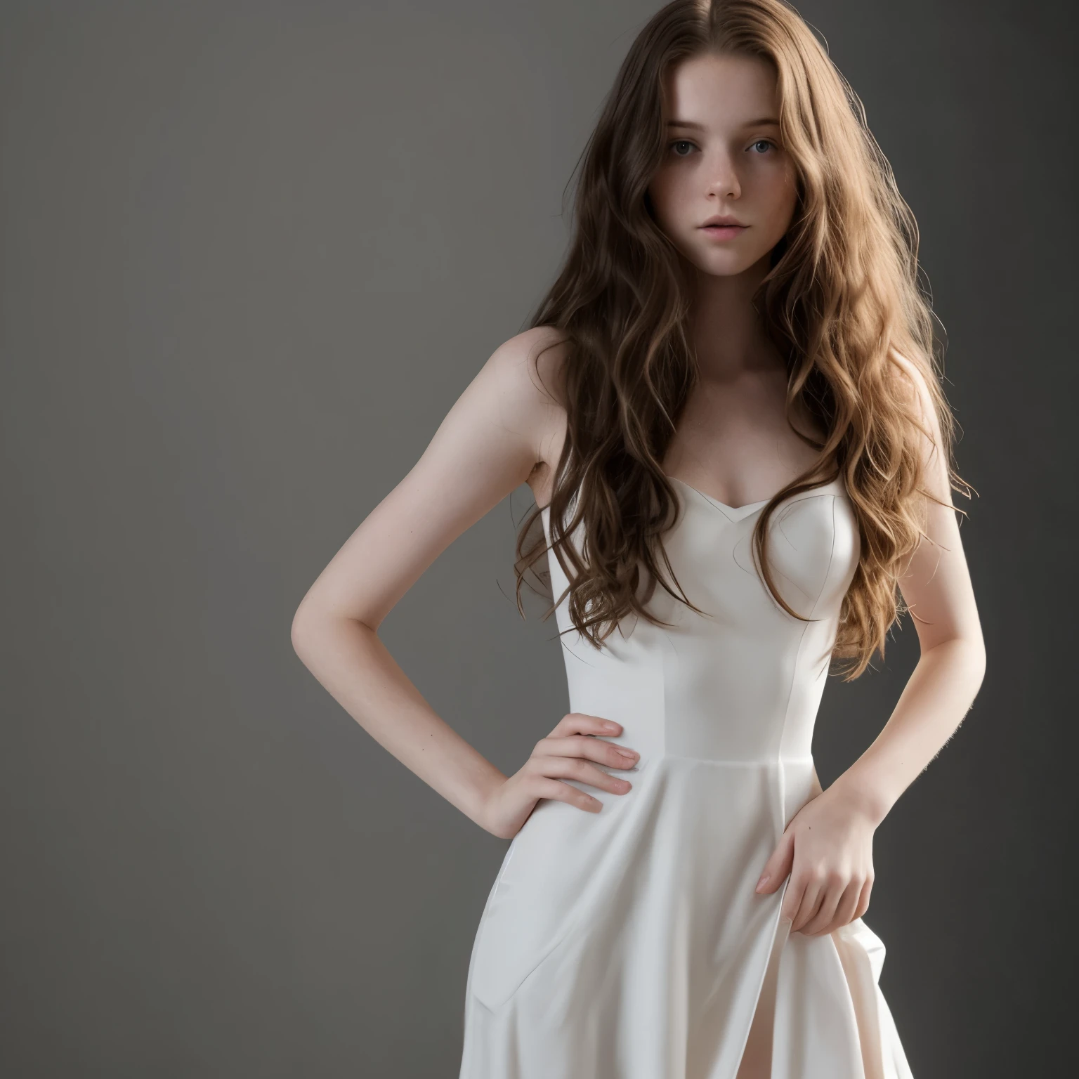 Slender brunette teen, long wavy hair, extra pale skin, freckles, dramatic lighting with shadows, posing in a tight dress