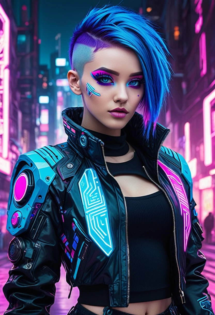 The image depicts a stylized character with a futuristic and cyberpunk aesthetic. The character has vibrant blue hair with purple highlights, and their eyes are accentuated with blue and pink makeup, giving them a cybernetic appearance. They are wearing a black jacket with pink and blue accents, and there are various patches and designs on the sleeves, including what appears to be a circuit-like pattern. The background suggests a neon-lit urban environment, which is typical of the cyberpunk genre. The overall look is edgy and fashionable, with a strong emphasis on technology and modern, high-tech fashion.