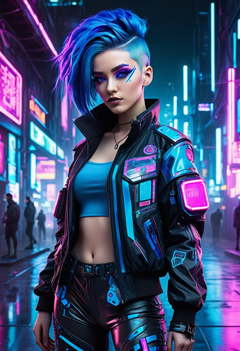 The image depicts a stylized character with a futuristic and cyberpunk aesthetic. The character has vibrant blue hair with purple highlights, and their eyes are accentuated with blue and pink makeup, giving them a cybernetic appearance. They are wearing a black jacket with pink and blue accents, and there are various patches and designs on the sleeves, including what appears to be a circuit-like pattern. The background suggests a neon-lit urban environment, which is typical of the cyberpunk genre. The overall look is edgy and fashionable, with a strong emphasis on technology and modern, high-tech fashion.