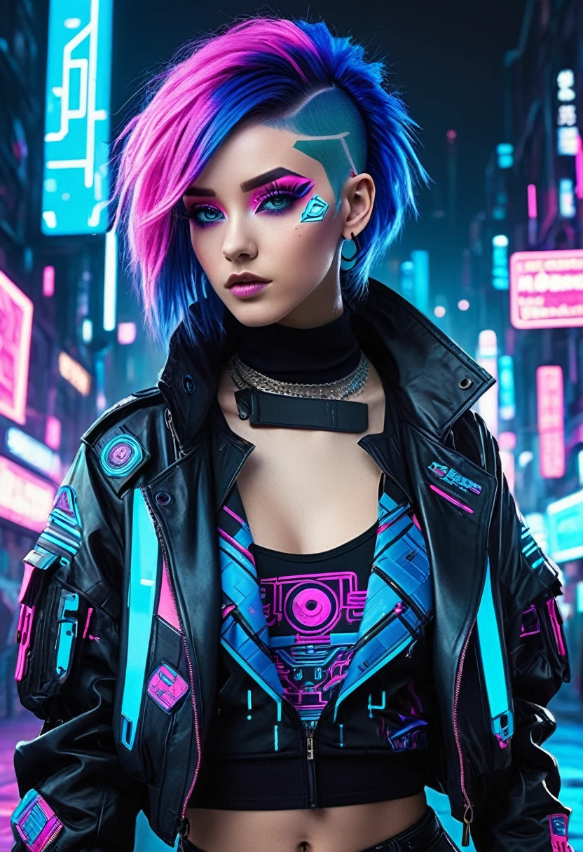 The image depicts a stylized character with a futuristic and cyberpunk aesthetic. The character has vibrant blue hair with purple highlights, and their eyes are accentuated with blue and pink makeup, giving them a cybernetic appearance. They are wearing a black jacket with pink and blue accents, and there are various patches and designs on the sleeves, including what appears to be a circuit-like pattern. The background suggests a neon-lit urban environment, which is typical of the cyberpunk genre. The overall look is edgy and fashionable, with a strong emphasis on technology and modern, high-tech fashion.