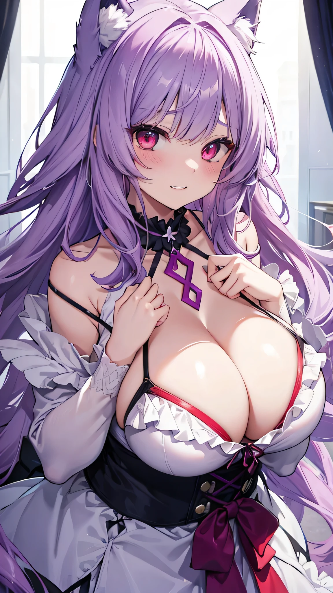 Wolf Woman, Big Breasts, Voluminous light purple hair, One girl, masterpiece , Red eyes、Double teeth、tooth、Blushed cheeks、 hd, Head to Chest, buried in my chest、Underbust、Cleavage、Frilled bikini、Big Tits、Open your mouth wide、Grin、White Iris、