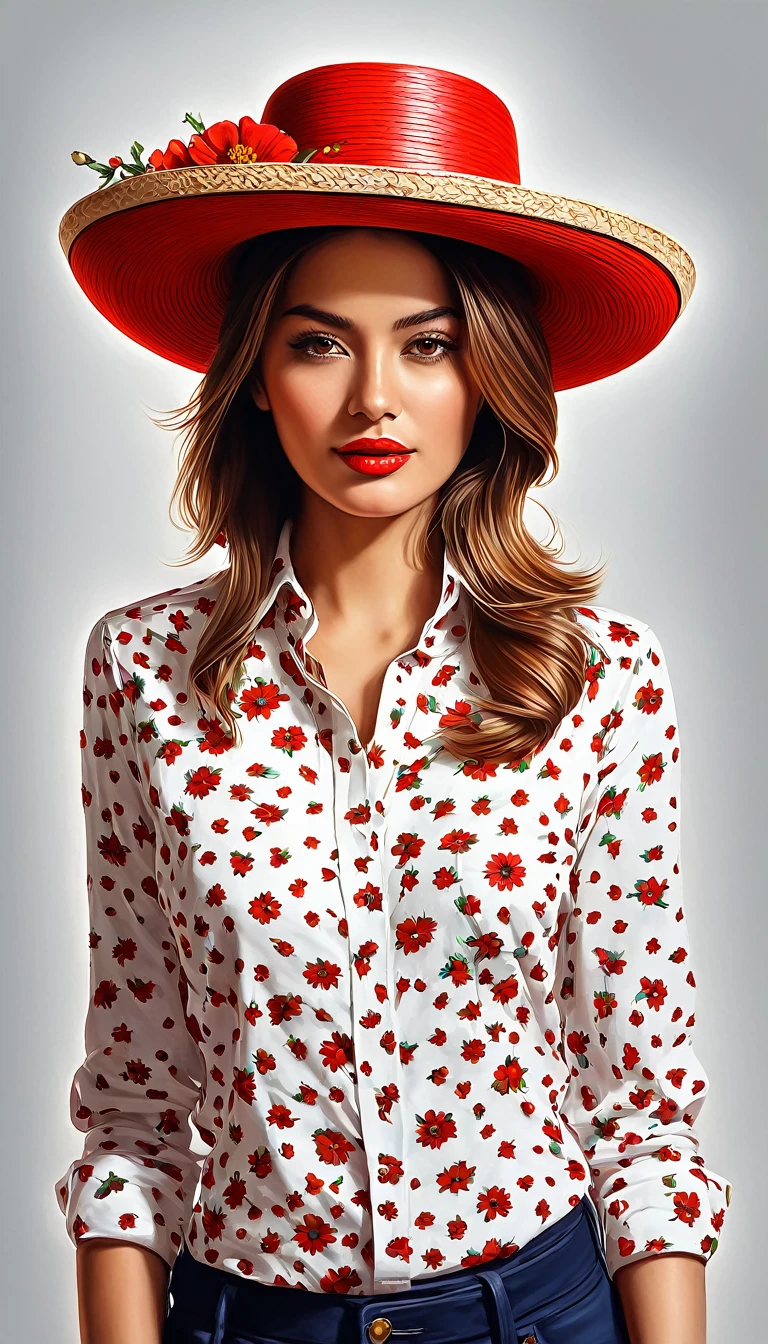 crea una mujer con sombrero elegante rojo ,con camisa de flores, obra maestra, estilo ilustracion de Ali Erturk, alto detalle, hiperrealista, luz natural,ilustracion , colores llamativos
