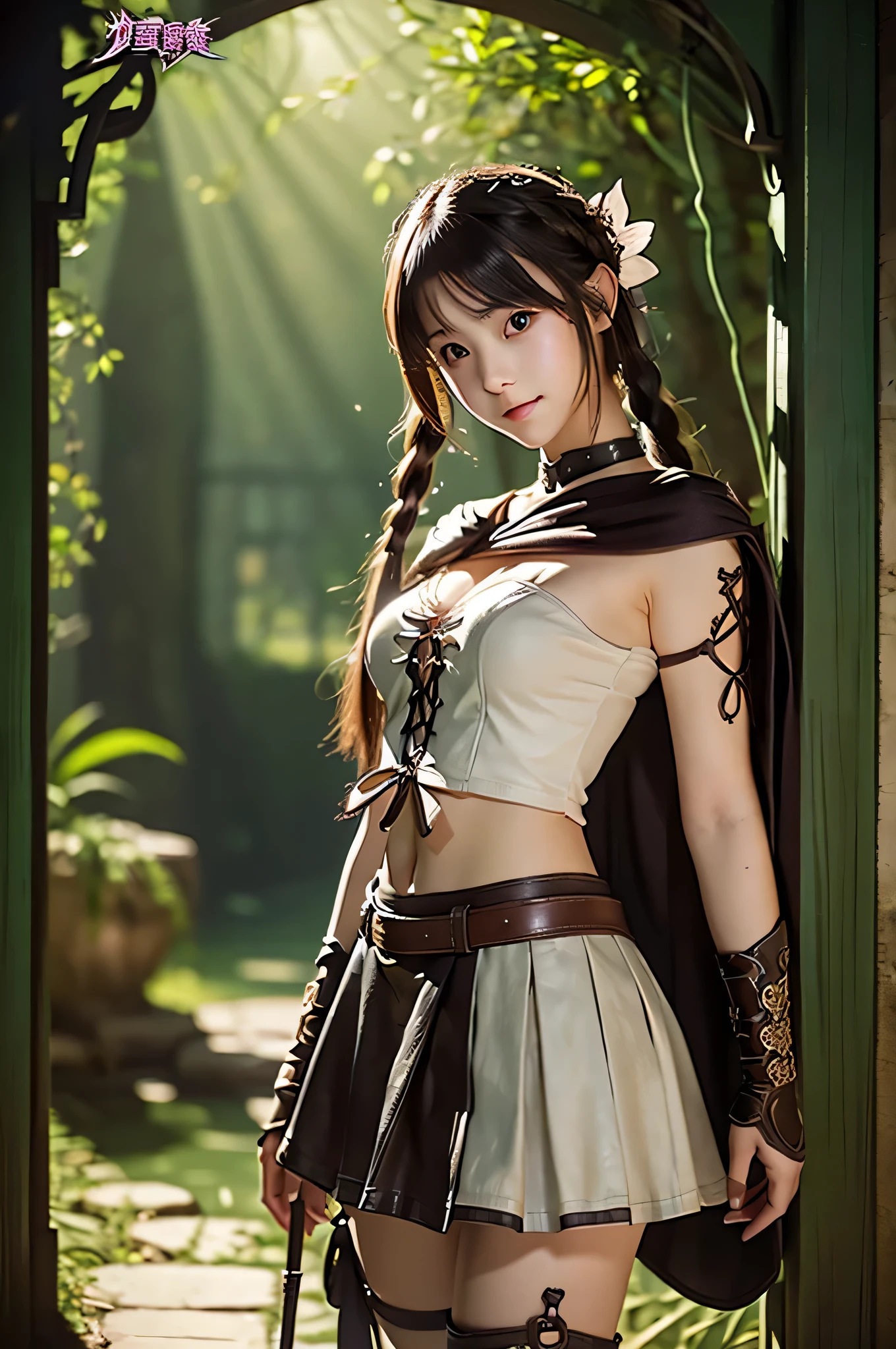 Thief、Thief、 ((photo)),(((masterpiece))),(((highest quality))),((Super fine)),(Highly detailed CG illustrations ),((Very delicate and beautiful)),(Delicate and cute face),8k,Cinematic Light,1girl,Full body,Standing picture,Darkness of the Dungeon、Wearing leather armor、mini skirt、Has a bow and arrow、whole body、Head to Feet、Show whole body、Bright and cheerful、look at viewer ,incredibly absurd, beautiful and cute girl with a photorealistic face, showcasing top-quality craftsmanship, Japanese girl, 18 years old、Role-playing game characters、Walking inside a dungeon、Beauty、A dreamy face