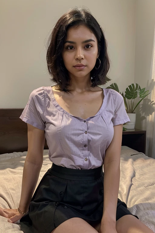A 33-year-old Mexican woman with light skin, short black hair, brown eyes, white skin, slim body and medium chest, dressed in a short-sleeved purple blouse and medium black skirt, sitting on her bed in the room.