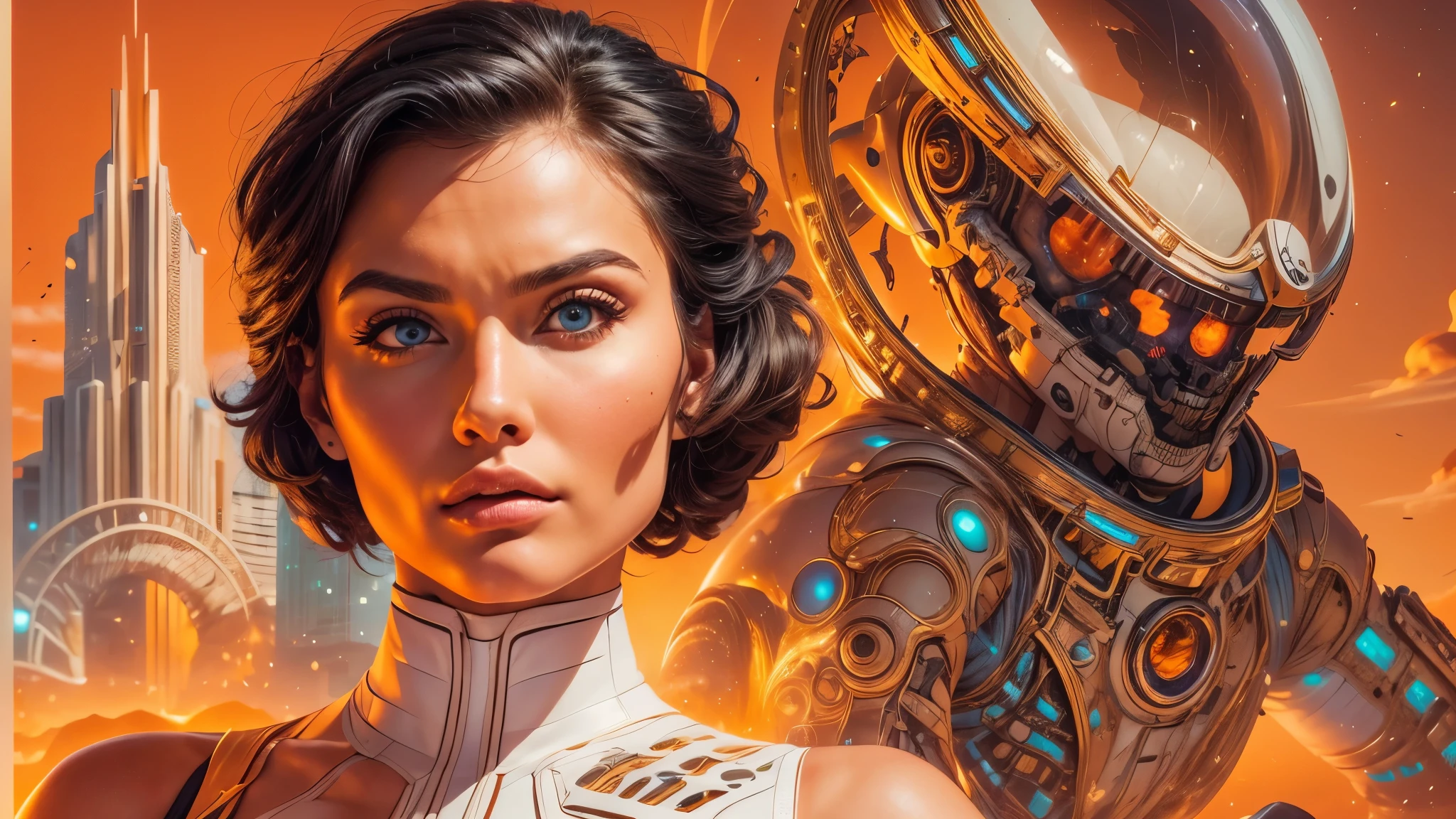 arafed image of a white woman in a futuristic suit with a spaceship in the background, movie art, in front of an orange background, inspired by Robert McGinnis, female protagonist, megastructure in the background, portrait of an ai astronaut, astronauts, an astronaut, portrait of a astronaut skeletor, perfect android girl, detailed eyes, perfectly detailed teeth, frank franzzeta and sakimichan  