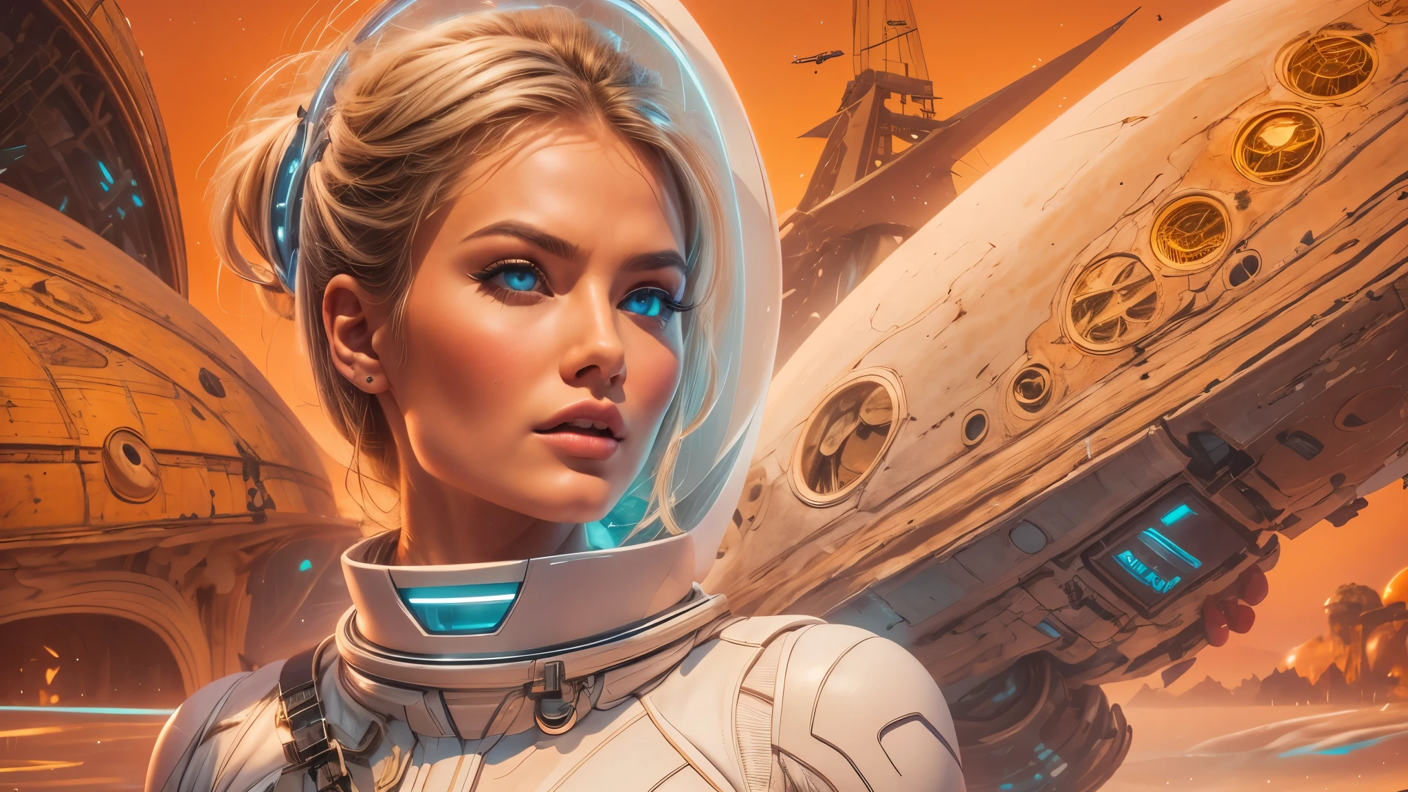 arafed image of a white woman in a futuristic suit with a spaceship in the background, movie art, in front of an orange background, inspired by Robert McGinnis, female protagonist, megastructure in the background, portrait of an ai astronaut, astronauts, an astronaut, portrait of a astronaut skeletor, perfect android girl, detailed eyes, perfectly detailed teeth, frank franzzeta and sakimichan