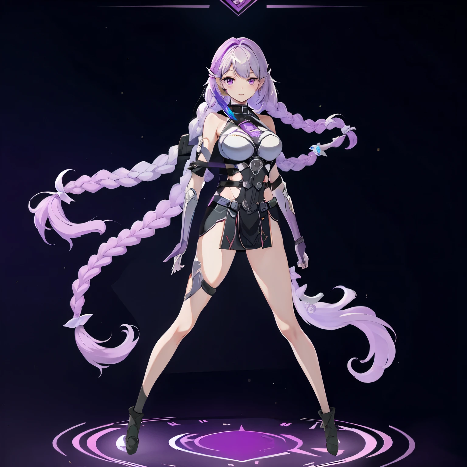 (masterpiece, best quality:1.2), 1girl, solo, cryptic girl, gradient hair, multicolored hair, twin braids, very long hair, purple eyes, closed mouth, metal armor, straps, elbow gloves, full body