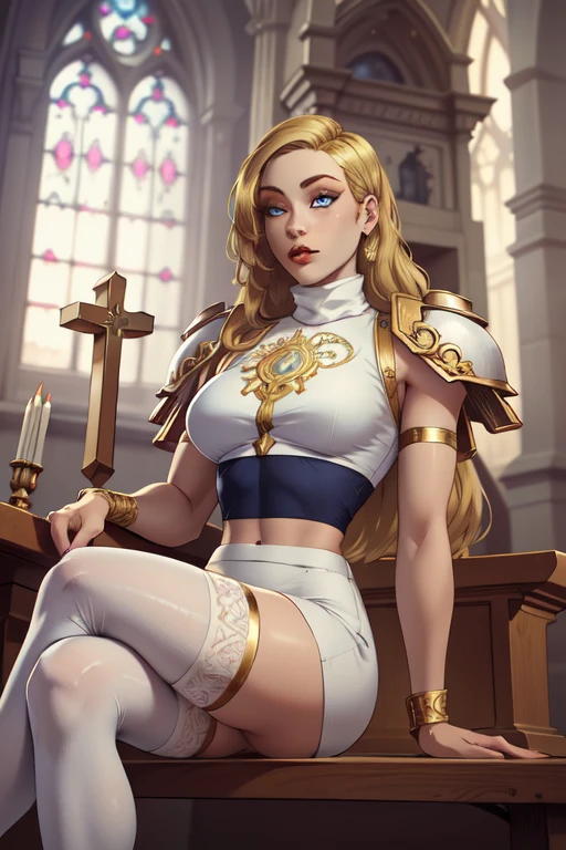 (masterpiece, best quality, absurdres, 4k, aesthetic, detailed, intricate),sitting,altar,crossed legs,1girl,lunapriest,blonde hair, long hair, makeup, blue eyes, perfect eyes, perfect face, detailed face,pauldrons, turtleneck, crop top, pencil skirt, thighhighs, 