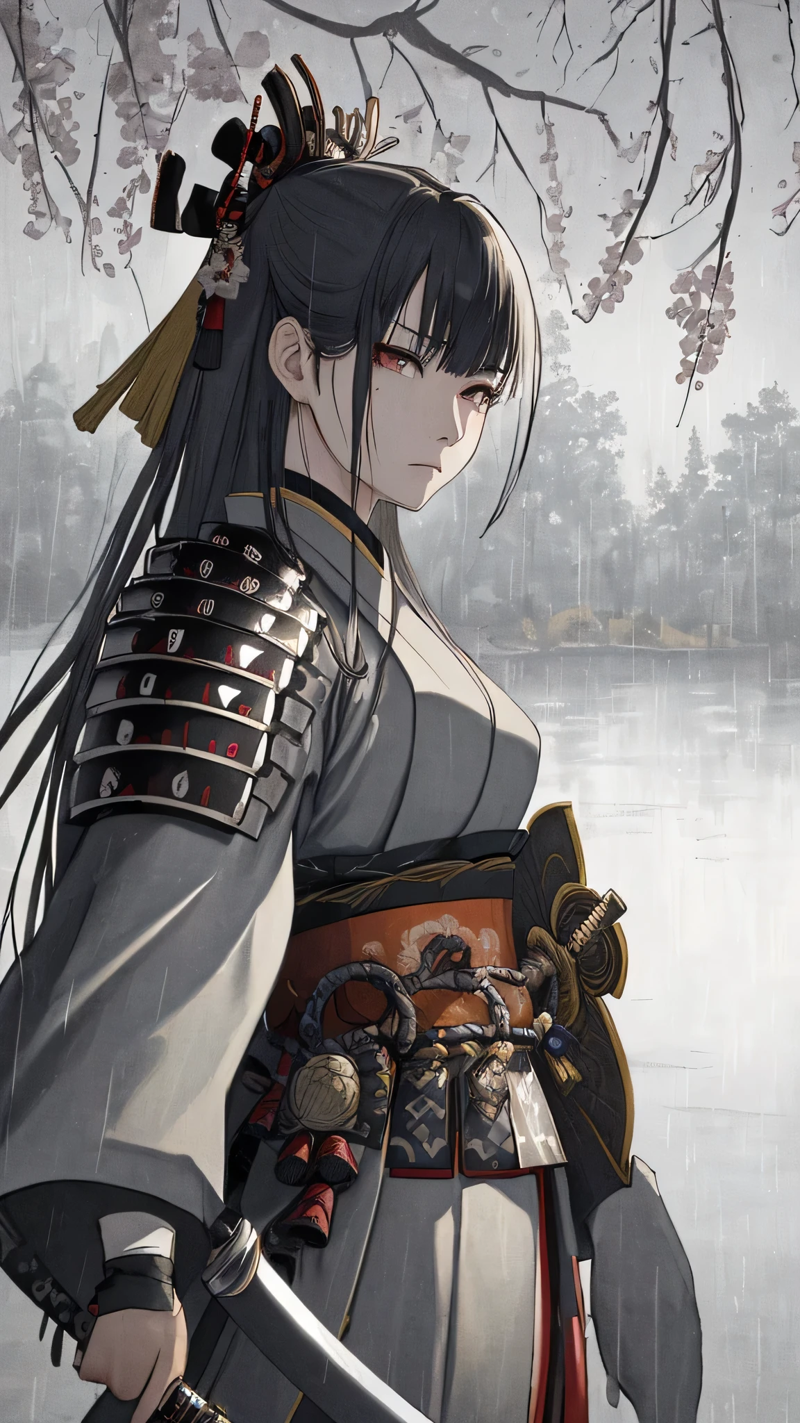 ((masterpiece)), ((highest quality)), ((High resolution)), ((In detail)), One Female Samurai、Wearing samurai armor、I have a sword in my hand、A look of readiness to die、Bushido、Serious expression、rain、Scenery under a weeping willow、battlefield、