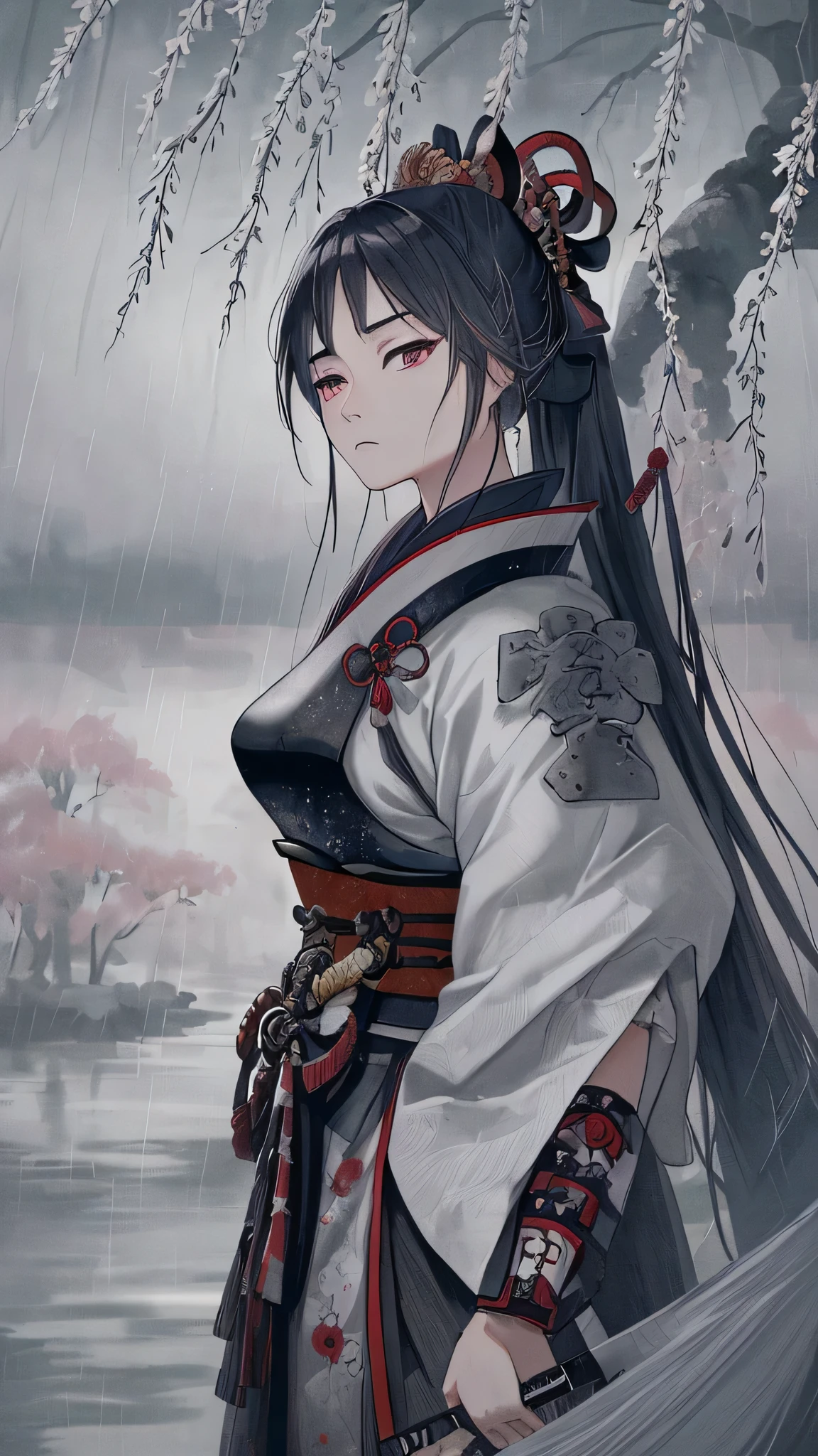 ((masterpiece)), ((highest quality)), ((High resolution)), ((In detail)), One Female Samurai、Wearing samurai armor、I have a sword in my hand、A look of readiness to die、Bushido、Serious expression、rain、Scenery under a weeping willow、battlefield、