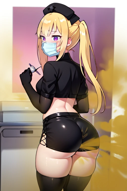 black nurse, 1girl, solo, black nurse cap, black nurse uniform, ((black legwear, zettai ryouiki)), black elbow gloves, twintails, yellow hair, purple eyes, ((black surgical mask, covered nose)), standing, ((surgery room)), sharp outline, short sleeves, best quality, masterpiece, view from back, hands holding stomach, stomach bloated, surprised expression, embarrassed