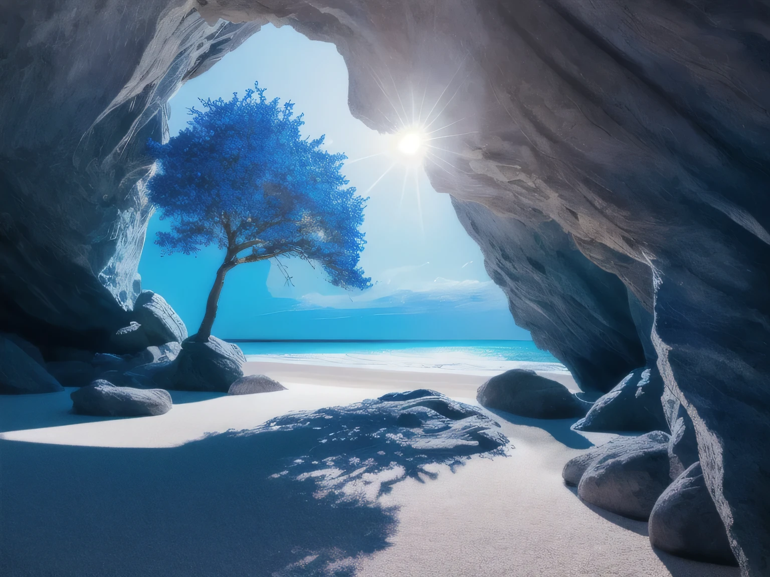 Amazing Blue  tree on the rocks on the beach, A realistic depiction style of light, aisle, Art inspired by faith, Light-filled scene, immersive environments, Floral and natural motifs