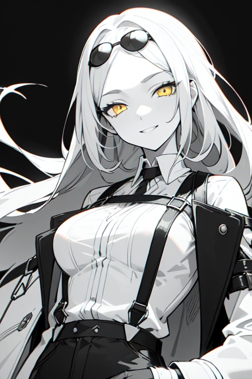 (((colored yellow eyes with greyscale background))), 1girl, woman, solo, long hair, big hair, (forehead:1.2), (round sunglasses:1.19), yellow eyes, medium breasts, devilish grin, smug face, white hair, (overcoat, black coat, open coat:1.2), white shirt, collared shirt, (chest harness, shoulder strap:1.15), black leather shorts, garter belt, gloves, ((from below)), elegant, looking at viewer, standing, chromatic aberration, (close-up to face:1.2), face only masterpiece, best quality, 4k