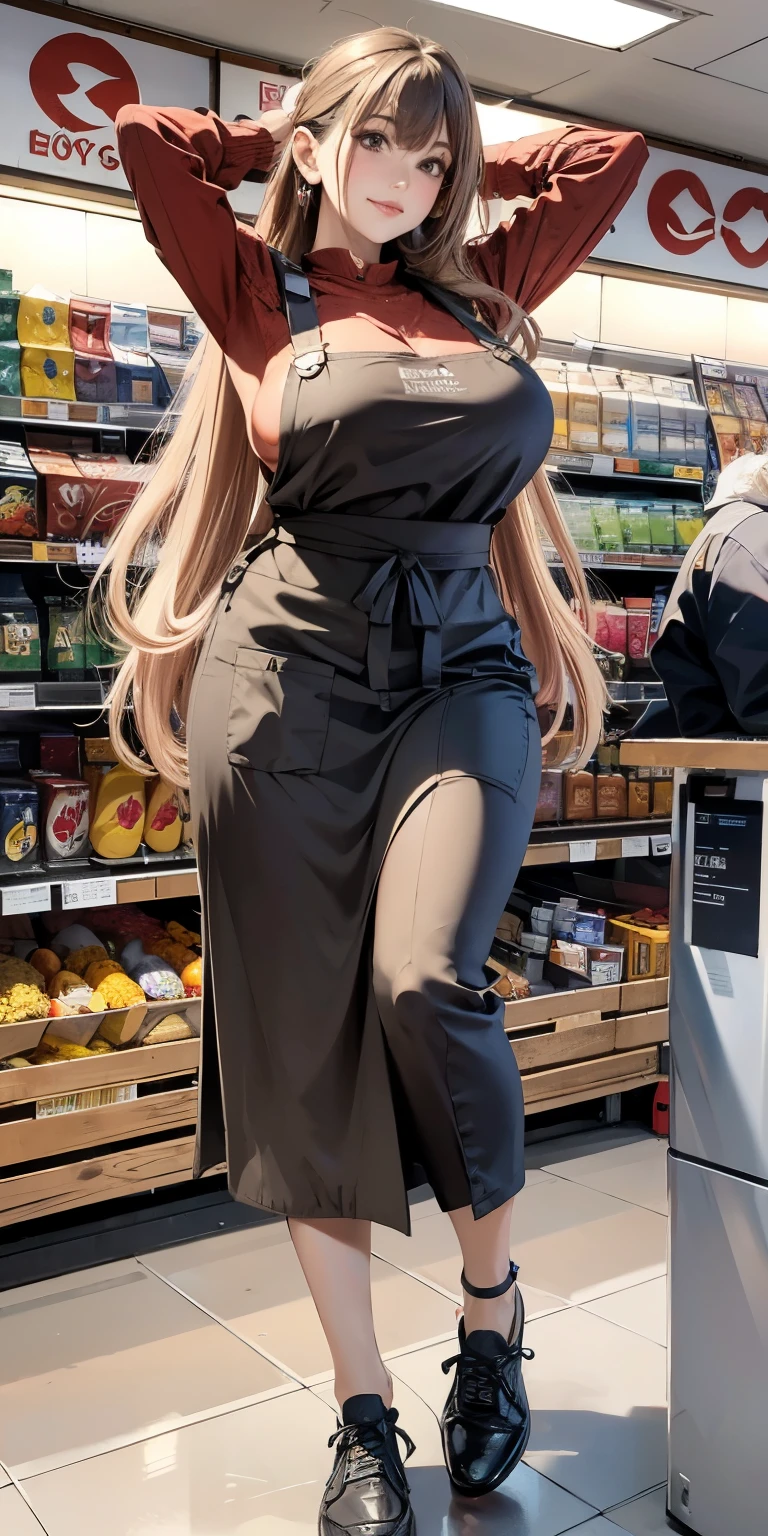 Absurd resolution, A high resolution, (masterpiece:1.4), ((gigantic braests:1.6)), ultra - detailed, 1girll, brown color eyes, cabelos preto e longos,Wear a apron, the convenience store,