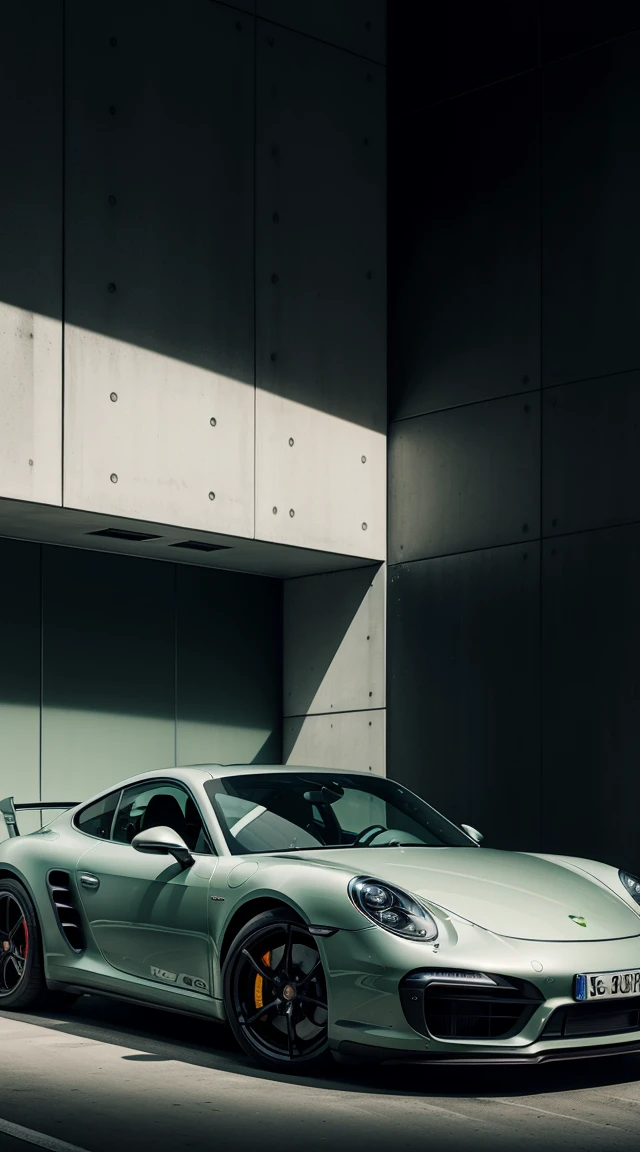 Futuristic, pure Porsche, gleaming metallic green, parked before a modern residence, juxtaposition of sleek automotive design and minimalist architecture, reflections of conceptual elegance, ambient urban lighting, chiaroscuro effect, digital painting, high-resolution.