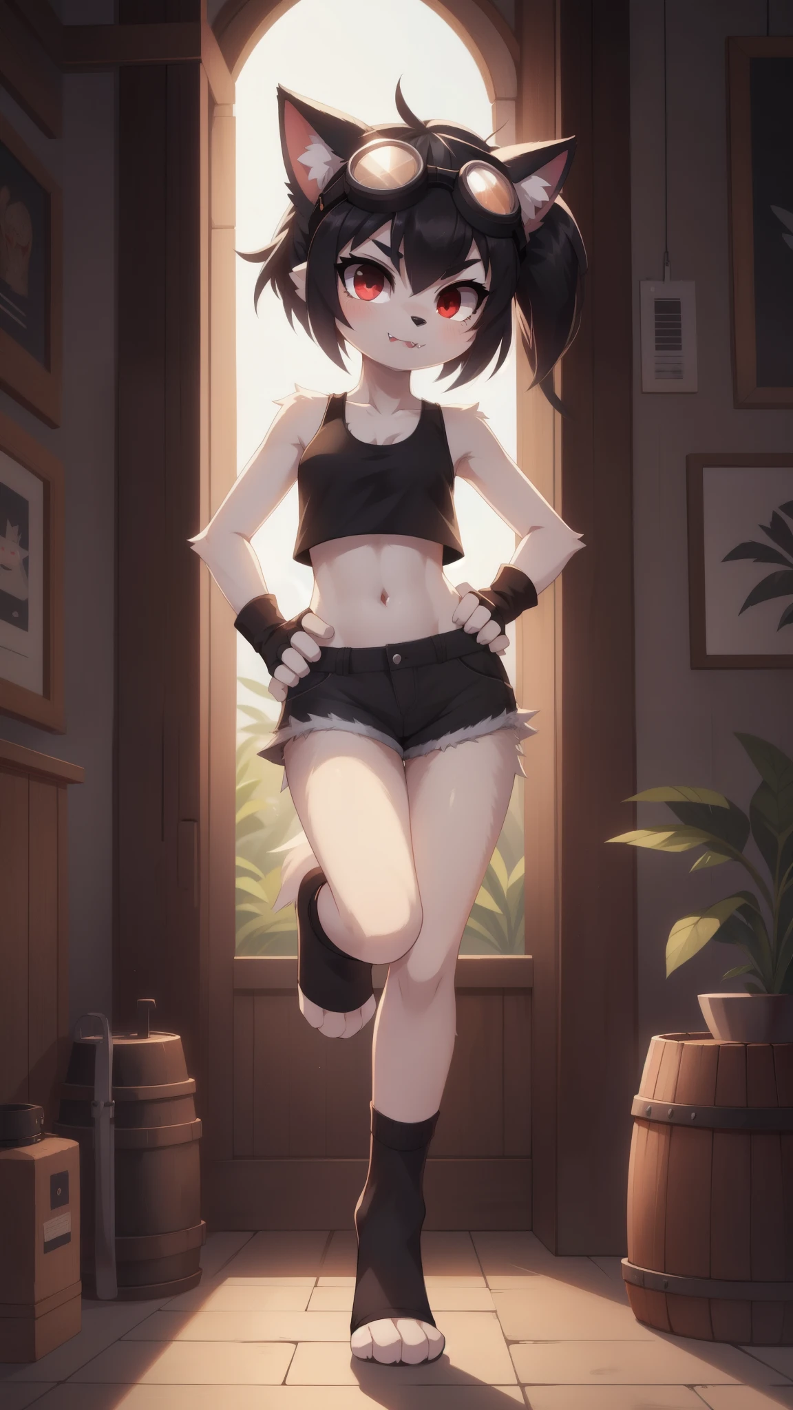 furry girl, cat, black hair, short spiky hairstyle, hair bang cover her eye, black eyeshadows, short spiky ponytail, anime style, small breasts, red eyes, Big eyebrows, ((goggles, black tank top, midriff, shorts, black pedal socks, fingerless gloves)), high quality, detailed body, detailed eyes, detailed face, masterpiece, glistening body, detailed body fur, best quality, white body fur, skinny, gothic, spectacular effects, detailed hands, perfect lighting, perfect shadows, perfect eyes, perfect hair, perfect face, gorgeous body, detailed hands, glistering body, shiny body, skinny, spectacular effect, fangs, solo, :3, hands on hips, leg hold pose, full body, feets with three toes, 3 toes, standing with one leg,