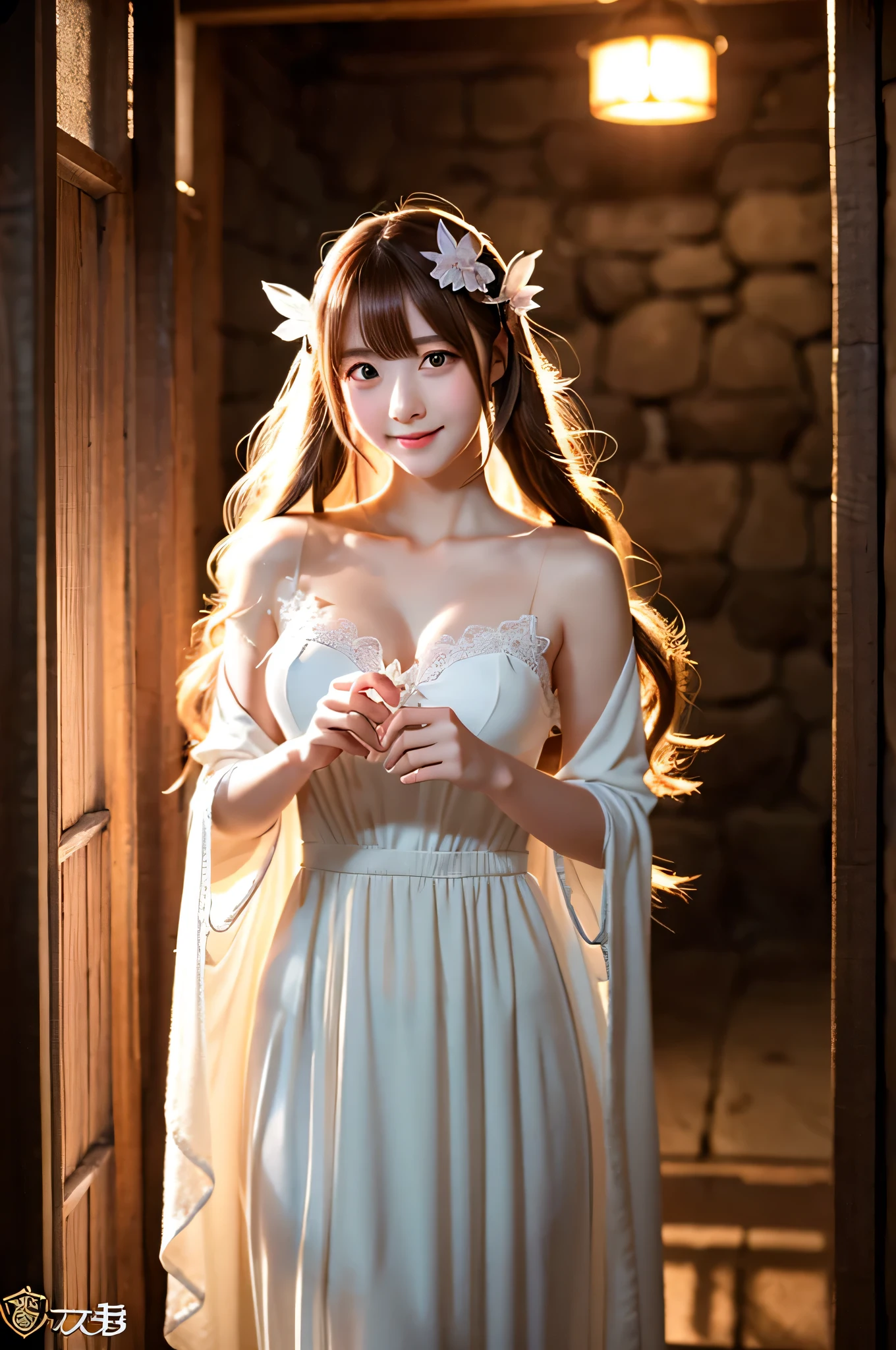 White Mage、Healing magic user、 ((photo)),(((masterpiece))),(((highest quality))),((Super fine)),(Highly detailed CG illustrations ),((Very delicate and beautiful)),(Delicate and cute face),8k,Cinematic Light,1girl,Full body,Standing picture,Darkness of the Dungeon、Wearing a light-transmitting robe、Have staff、whole body、Head to Feet、Show whole body、Bright and cheerful、look at viewer ,incredibly absurd, beautiful and cute girl with a photorealistic face, showcasing top-quality craftsmanship, Japanese girl, 18 years old、Role-playing game characters、Walking inside a dungeon、Beauty、A dreamy face