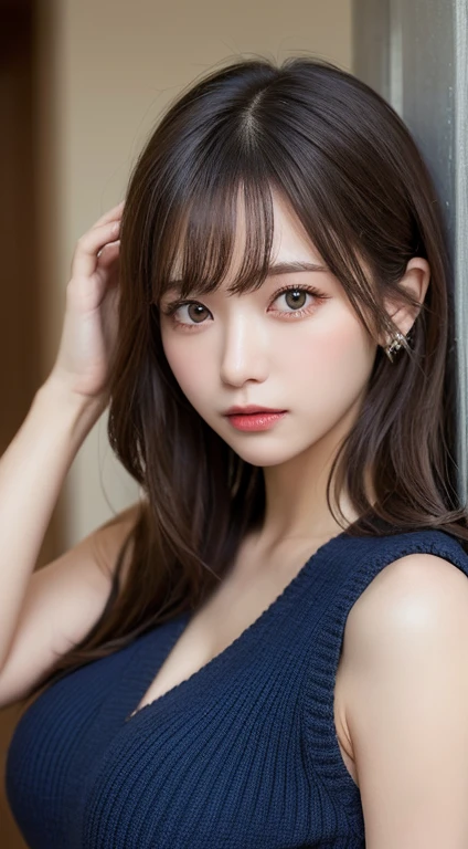 masutepiece, Best Quality, Illustration, Ultra-detailed, finely detail, hight resolution, 8K Wallpaper, Perfect dynamic composition, Beautiful detailed eyes, Natural Lip, Dark blue knitted dress , Big breasts, cleavage, Cross legs