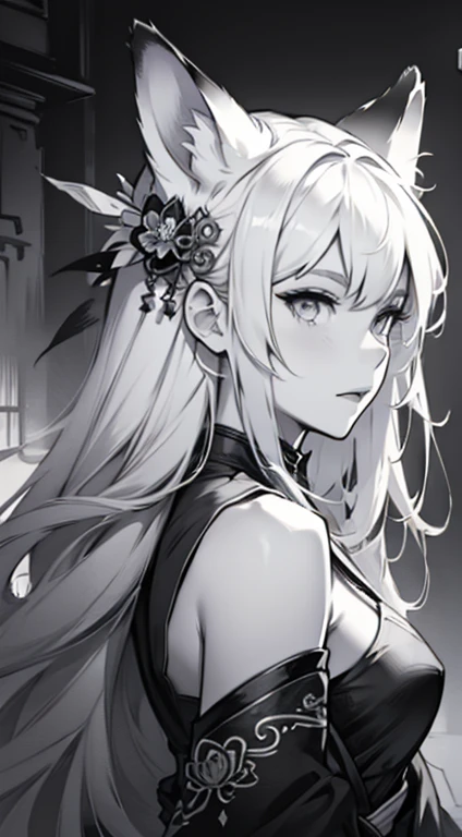Sketch reinforcement，pencil drawing，Intensify pencil strokes，Fox-eared maiden，Pavilions，Fairy air fluttering，Chinese ancient style，Wide robe，Black and white picture，Black and white art，Black and white illustration，super-fine，Hair is carefully described，The eyes are carefully depicted，best qualtiy，8K resolution