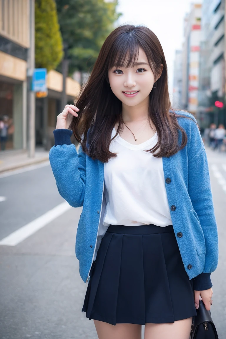 (masterpiece, highest quality:1.2), 8k, Young and beautiful girl, 85mm,Official AR RAW Photos,、The clothes are big、Show me your ears、photo shoot, Cute Face, Thighs, After-School Classes, Embarrassing、Are standing、smile、No makeup, Film Grain, chromatic aberration, Sharp focus, Face Light, Bright lighting, 20th generation, Detailed face, Background Blur、Tight waist、Sailor suit、cardigan、Navy blue mini skirt、pull up the skirt with your hands((She&#39;s wearing cute white panties))、Look forward、Spread your legs、Show your ass