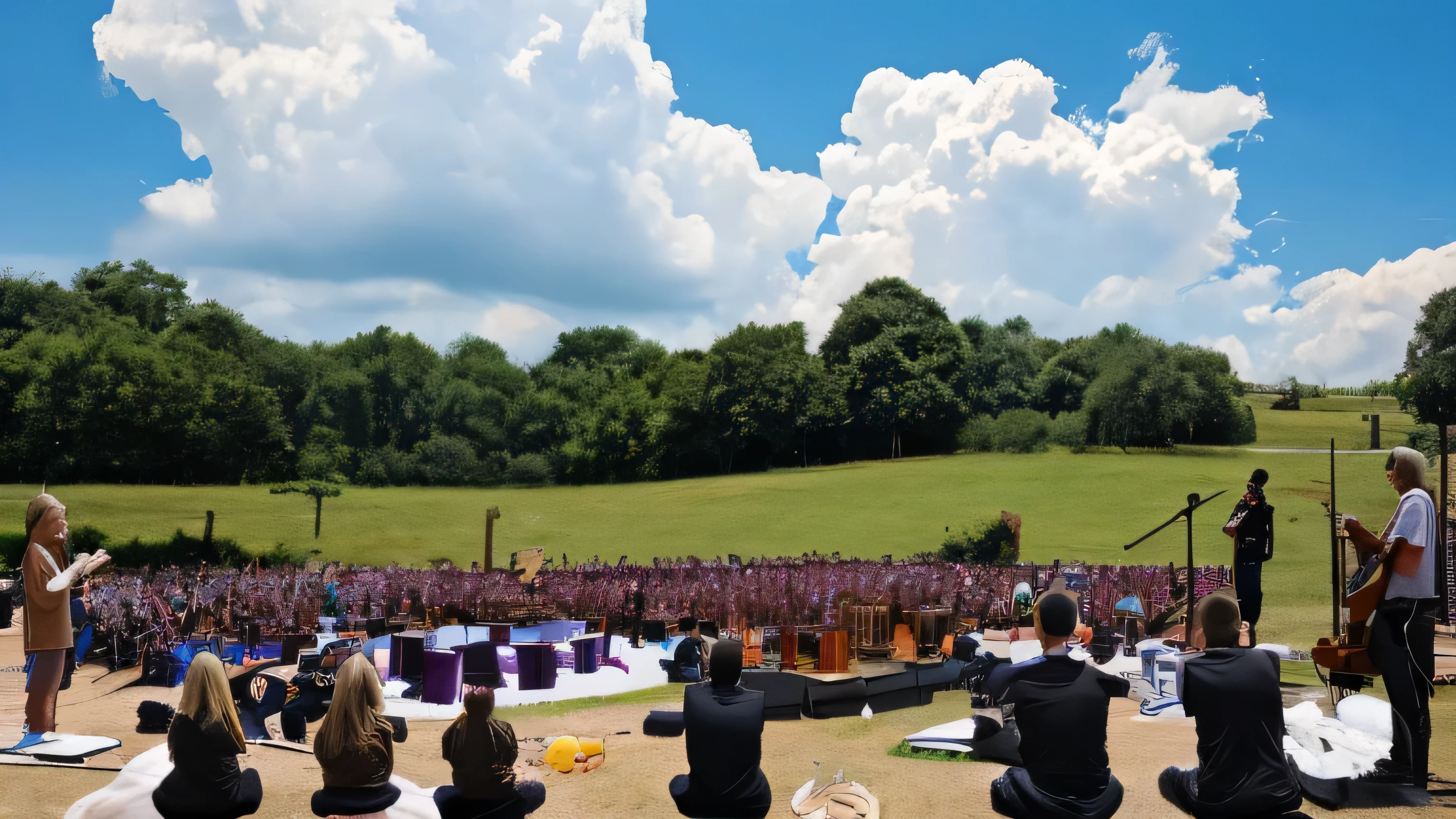 a group of people of different ethnicities, blonde people, brunettes, Asian people. women, men and children. with musical instruments, singing and praying. with the sky in the background. Perfect faces, very realistic, realistic image, details in the faces, maximum quality. image seen from afar. image seen from a distance.