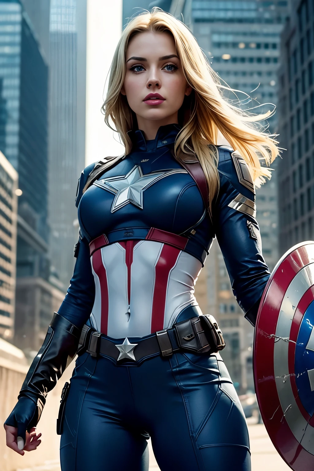 Ultra realistic photo, Blonde Female Captain America, Astronomical circumference of lower extremities far surpasses upper circumference, the widest (bust and hips) in the multiverse, thin: (chest, stomach, abs, waist), Comic book heroine in full uniform, muscular thighs showcasing strength, showcasing hourglass figure, defined abs, toned waist, detailed face with blue eyes, bold lipstick, confident gaze, armored gloves, combat boots, heroic stance, star-spangled shield in hand, determined expression, background of a cityscape, light rays pouring from the shield, dramatic composition, high-quality render, close-up view