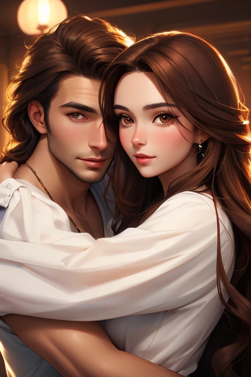 Young beautiful woman with long brown hair hugs demon in the form of a handsome man, clear facial features, detailed image, realistic, real, realistic facial features, realistic photography